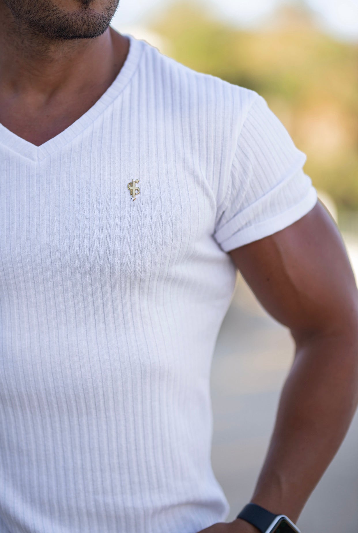 Super Slim White / Gold V Neck Ribbed Crew - FSH498