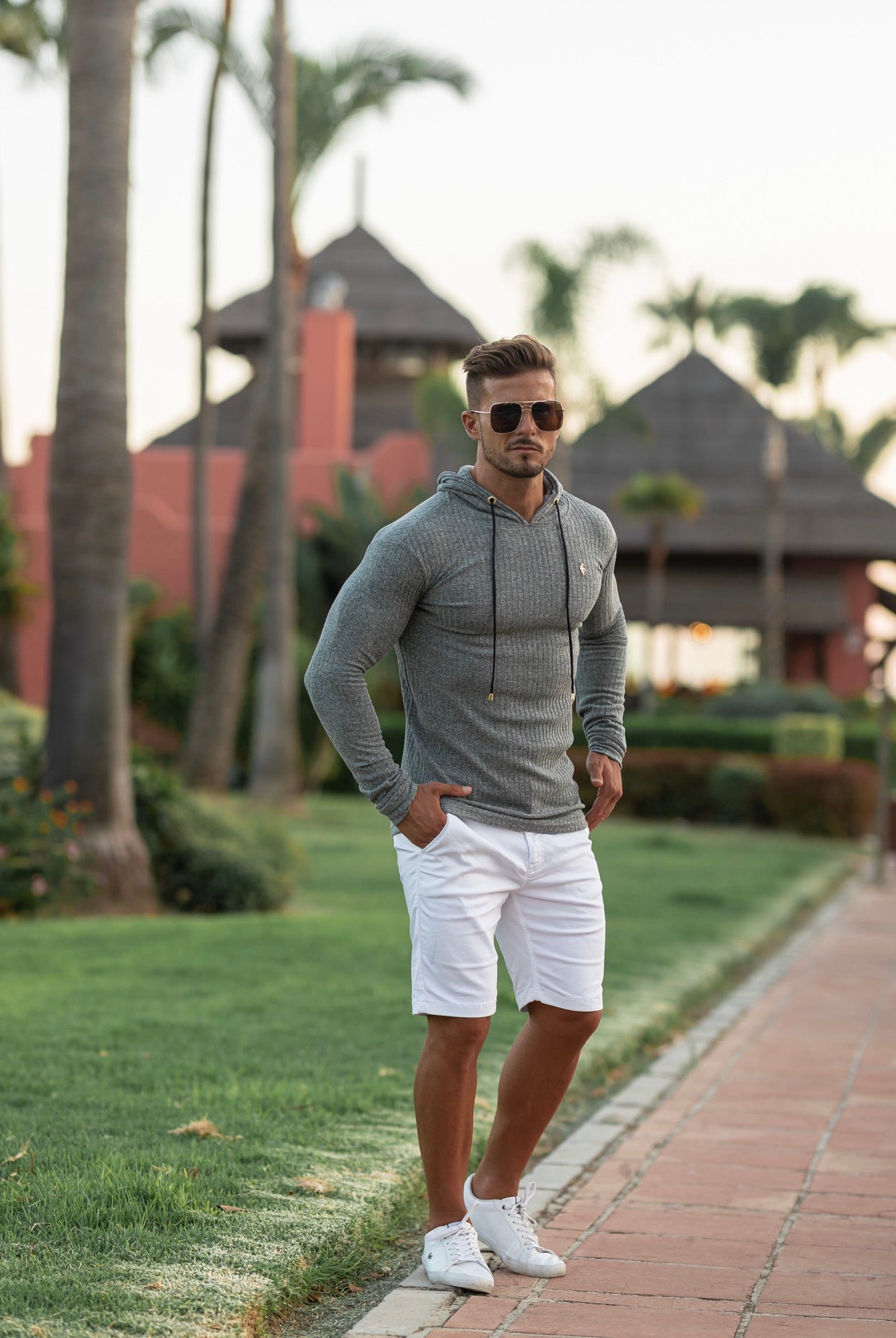 Classic Pale Sage Green / Gold Ribbed Knit Hoodie Jumper - FSH510