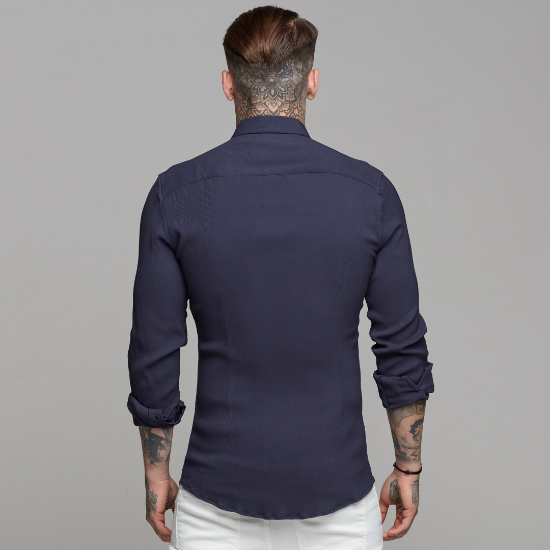 Super Slim Stretch Ribbed Navy Long Sleeve - FS443