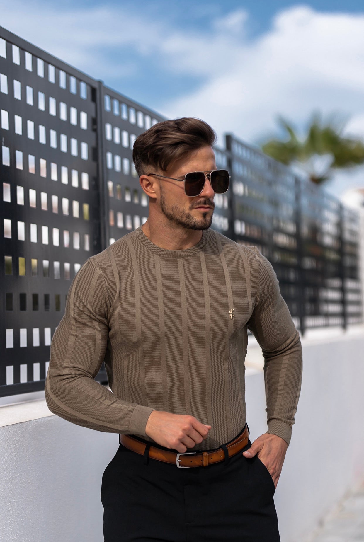 Classic Long Sleeve Olive Green Knitted Wide Rib Crew with Gold Emblem - FSH603