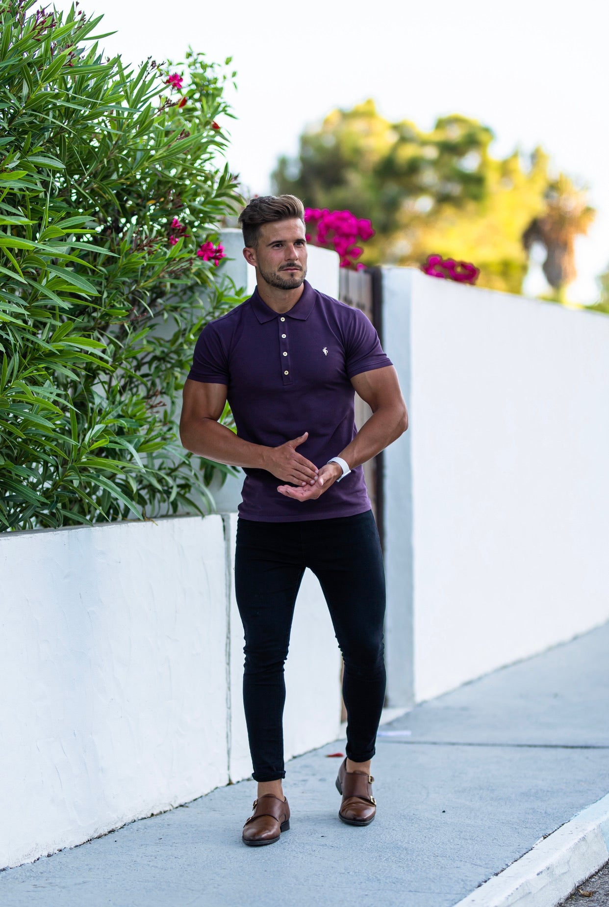 Classic Plum Polo Shirt with Metal Emblem Decal & Buttons - FSH455