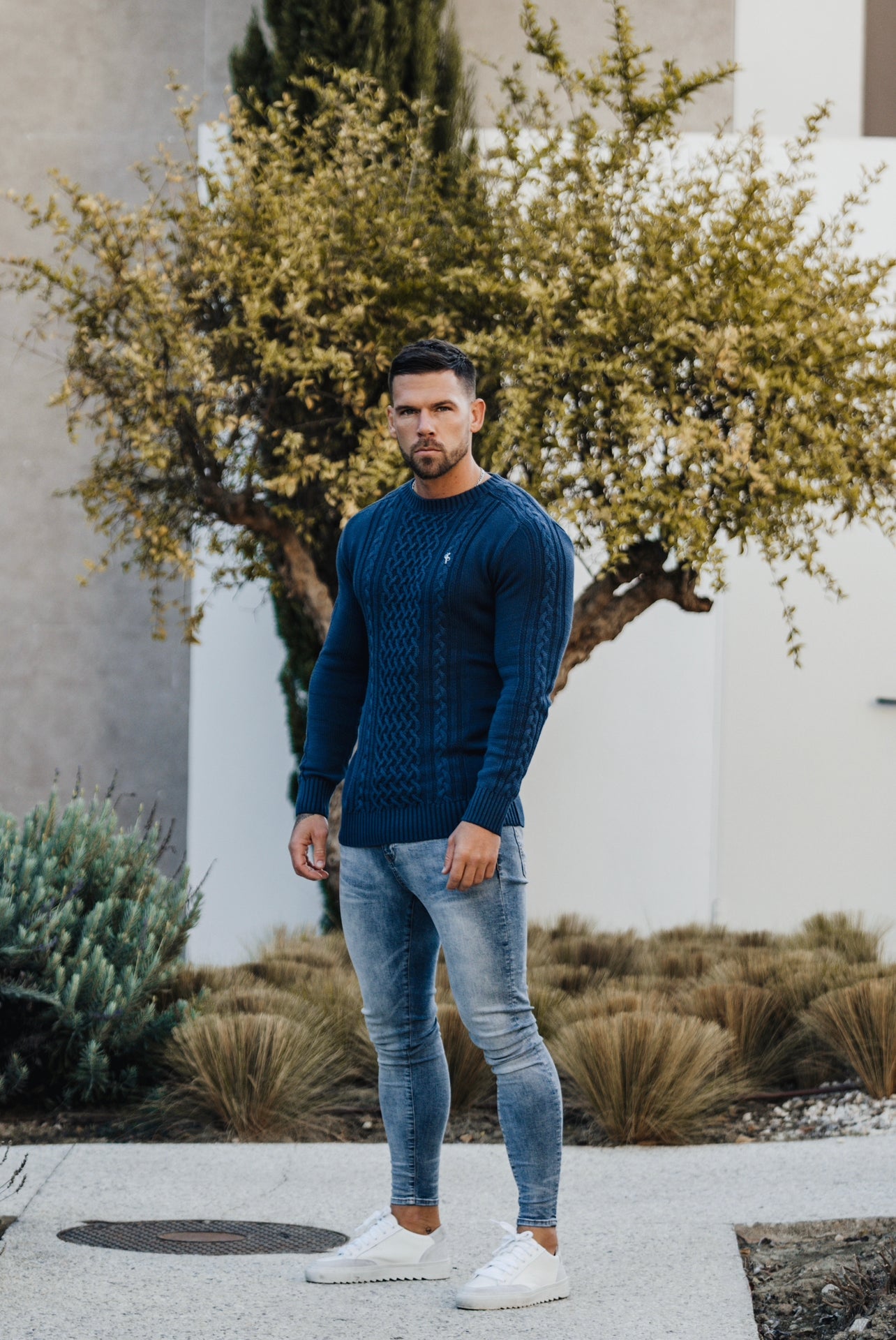 Air Force Blue Knitted Cable Saddle Crew Super Slim Jumper With Metal Decal - FSN080