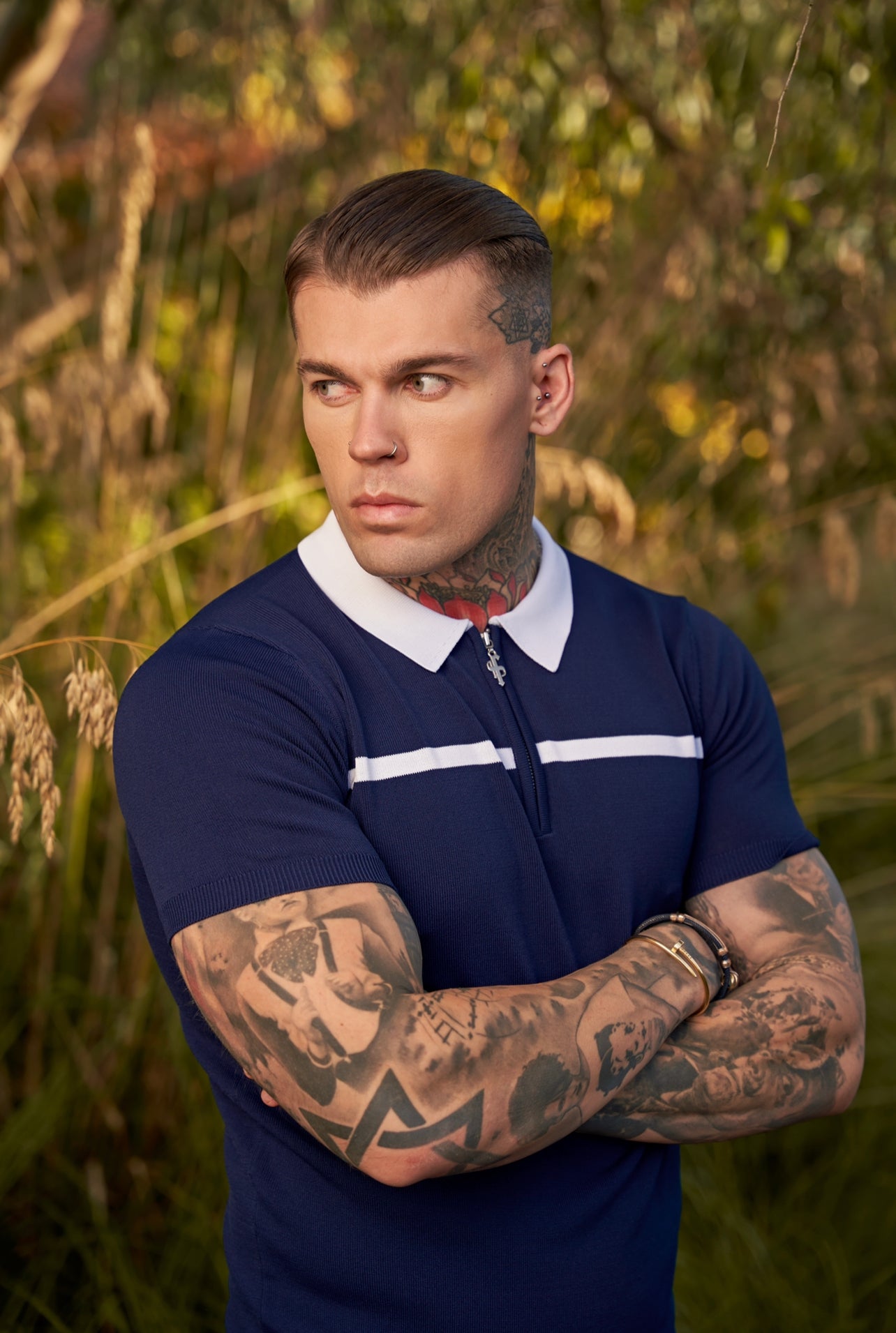 Classic Navy / White Horizontal Stripe Zipped Polo Short Sleeve - FSN039