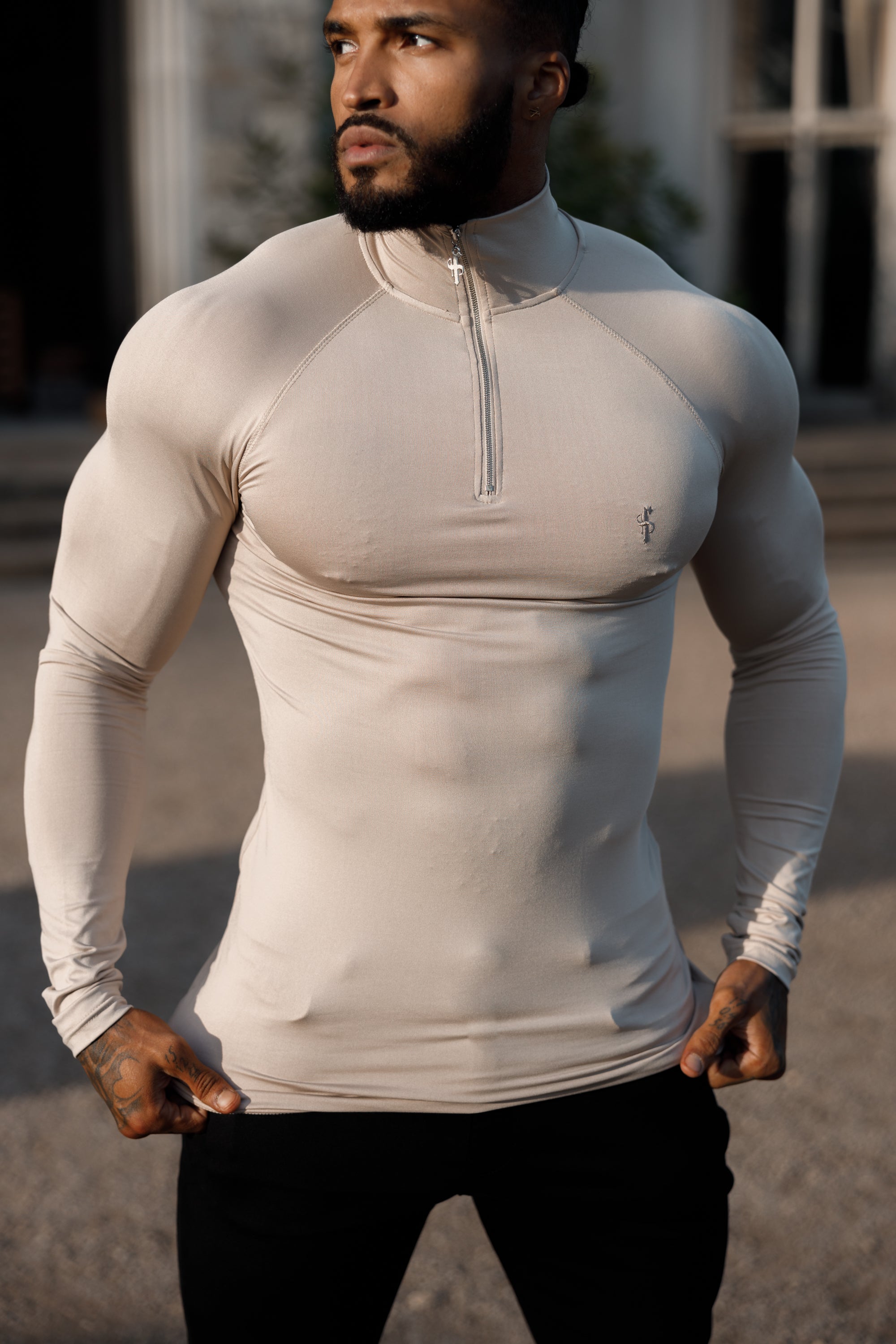 Long Sleeve Beige Half Zip Gym Top - FSH749
