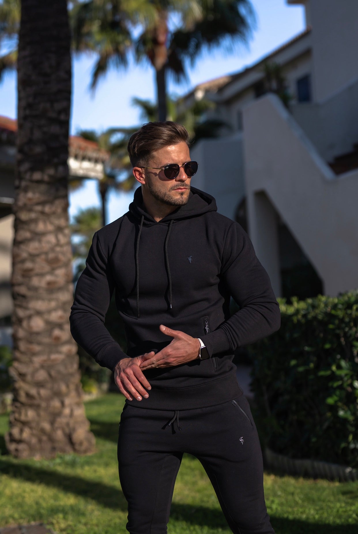 Black / Black Overhead Hoodie Top with Zipped Pockets - FSH629