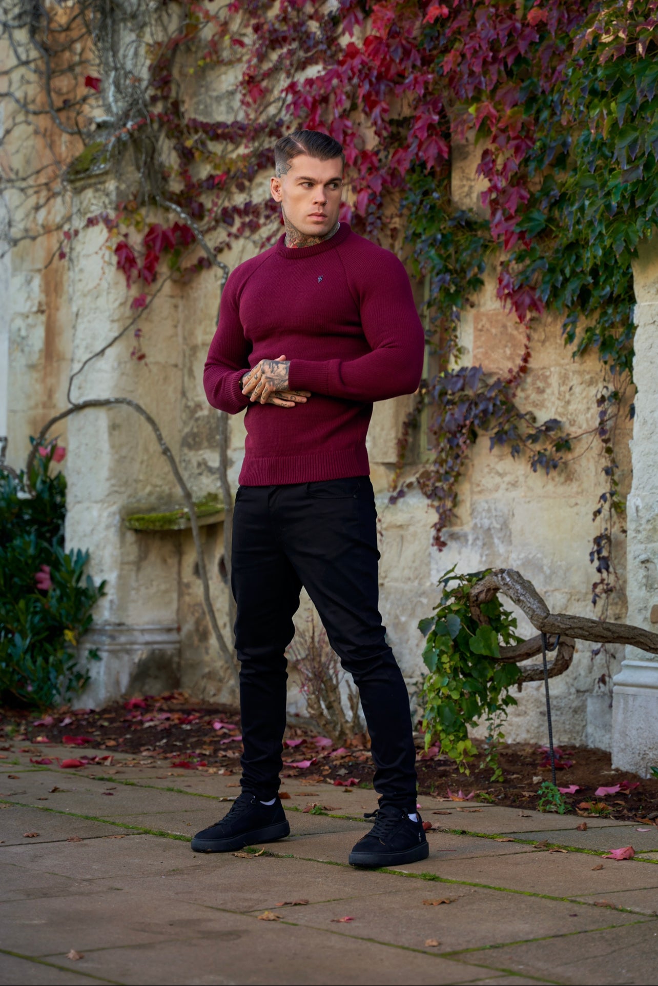 Burgundy Knitted Raglan Crew Super Slim Jumper With Metal Decal - FSJ055