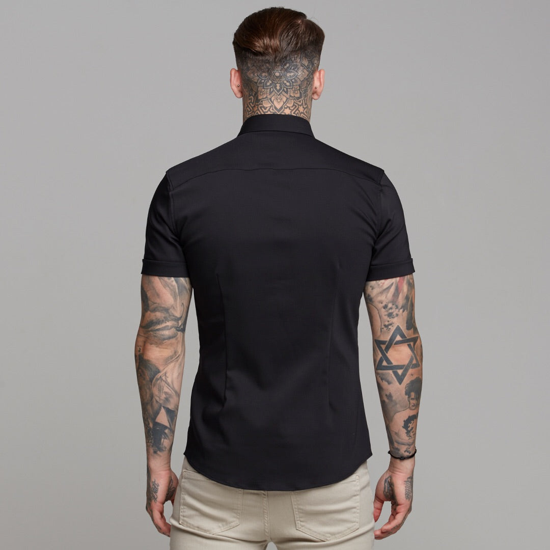 Super Slim Ultra Stretch Classic Black Short Sleeve (Khaki Embroidery) - FS481
