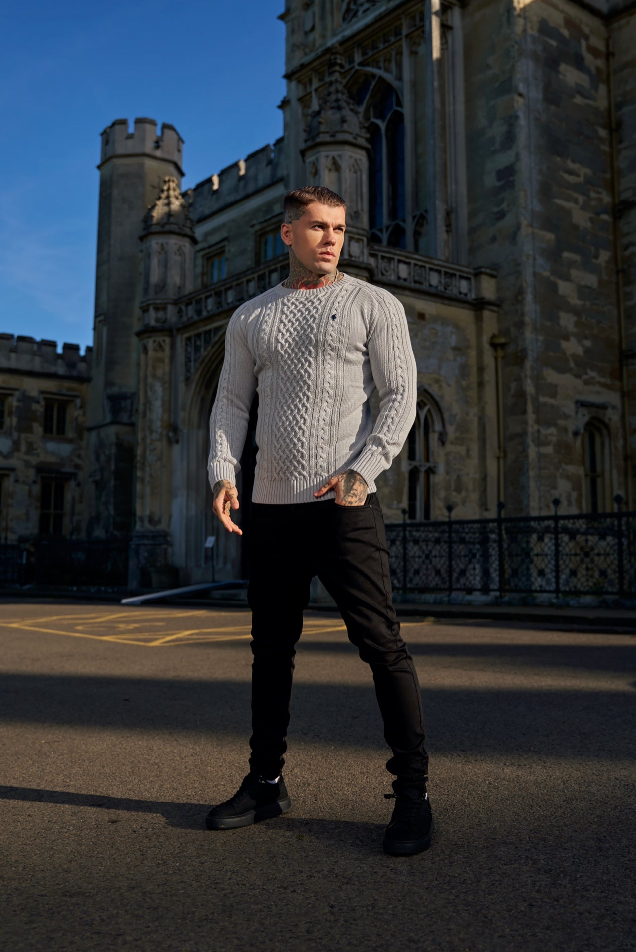 Grey Knitted Cable Saddle Crew Super Slim Jumper With Metal Decal - FSN077