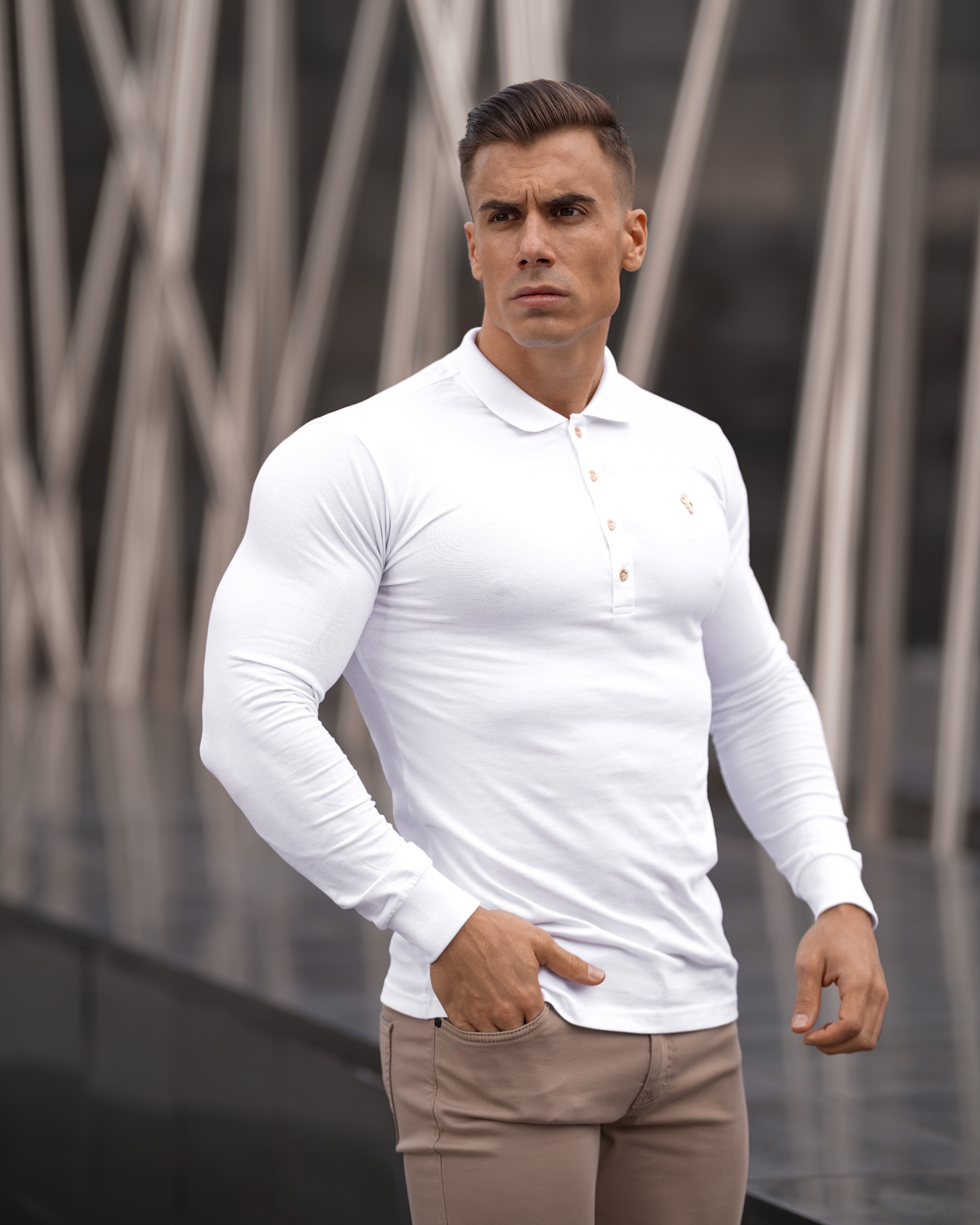 Classic White Long Sleeve Polo Shirt with Gold Metal Emblem Decal & Buttons - FSH515