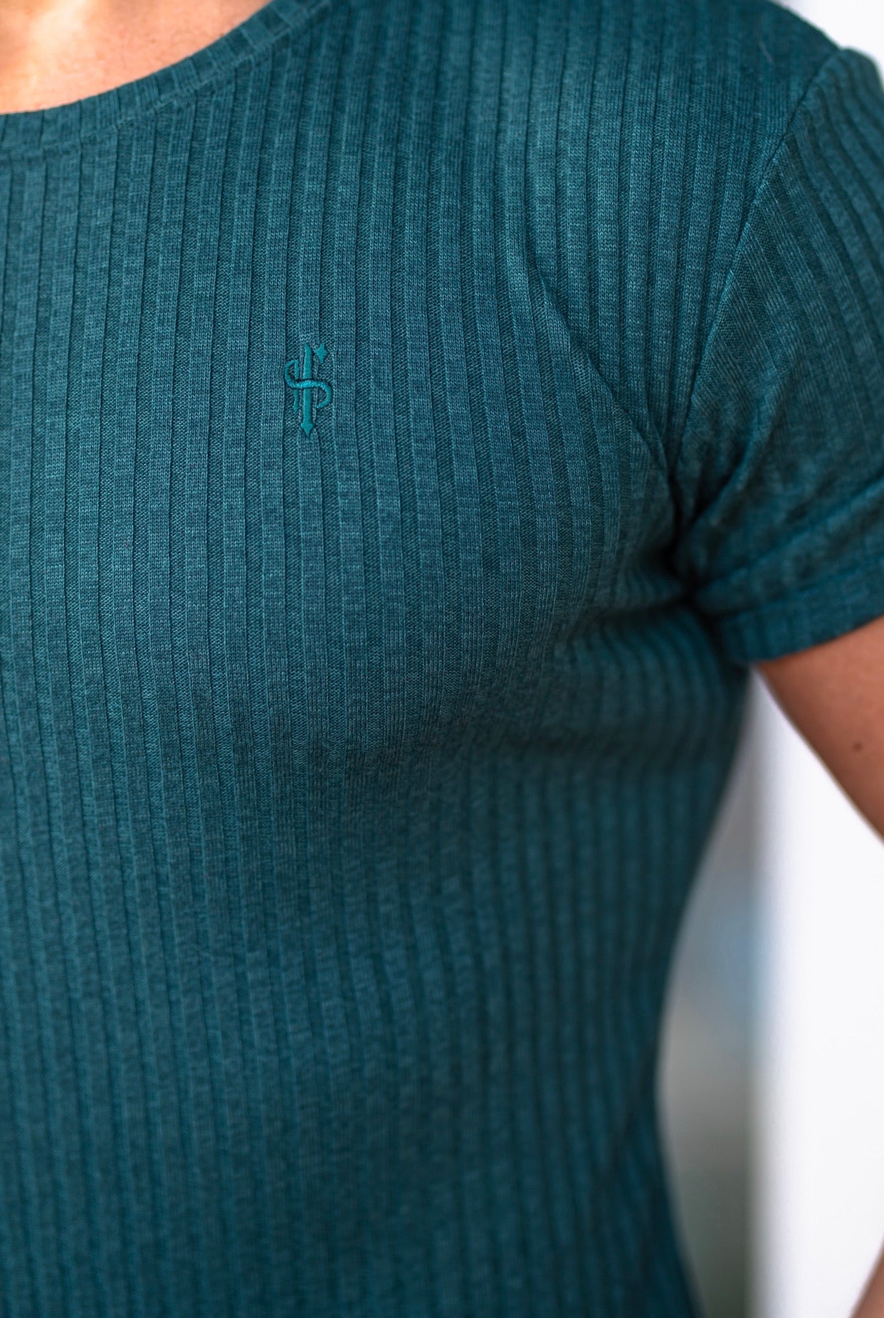 Classic Forest Green Ribbed Knit Super Slim Short Sleeve Crew - FSH612