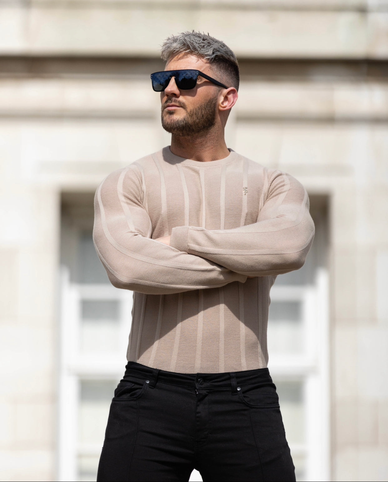 Classic Long Sleeve Oatmeal Knitted Wide Rib Crew with Gold Emblem - FSH740