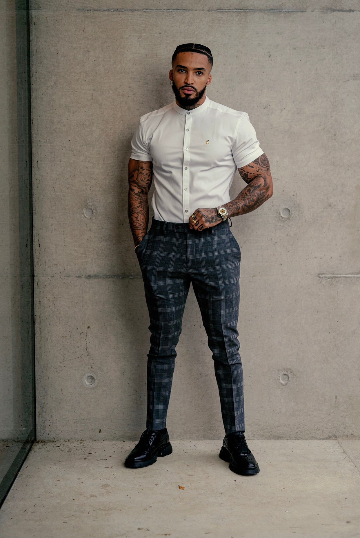 Slim Formal Large Silver Grey Check Stretch Trousers - FST005