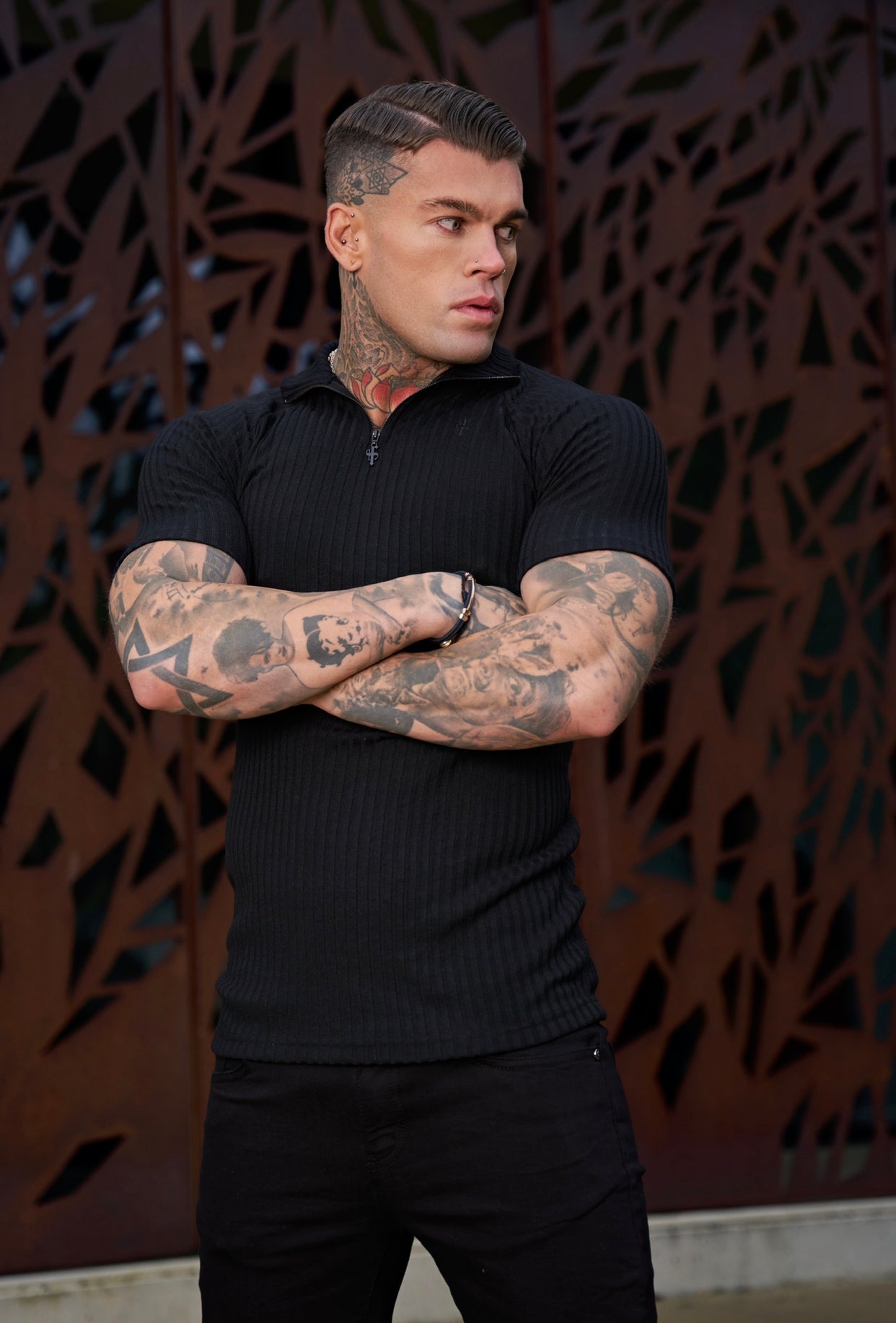 Classic Black Ribbed Zip Funnel Neck Raglan Short Sleeve Crew - FSH729