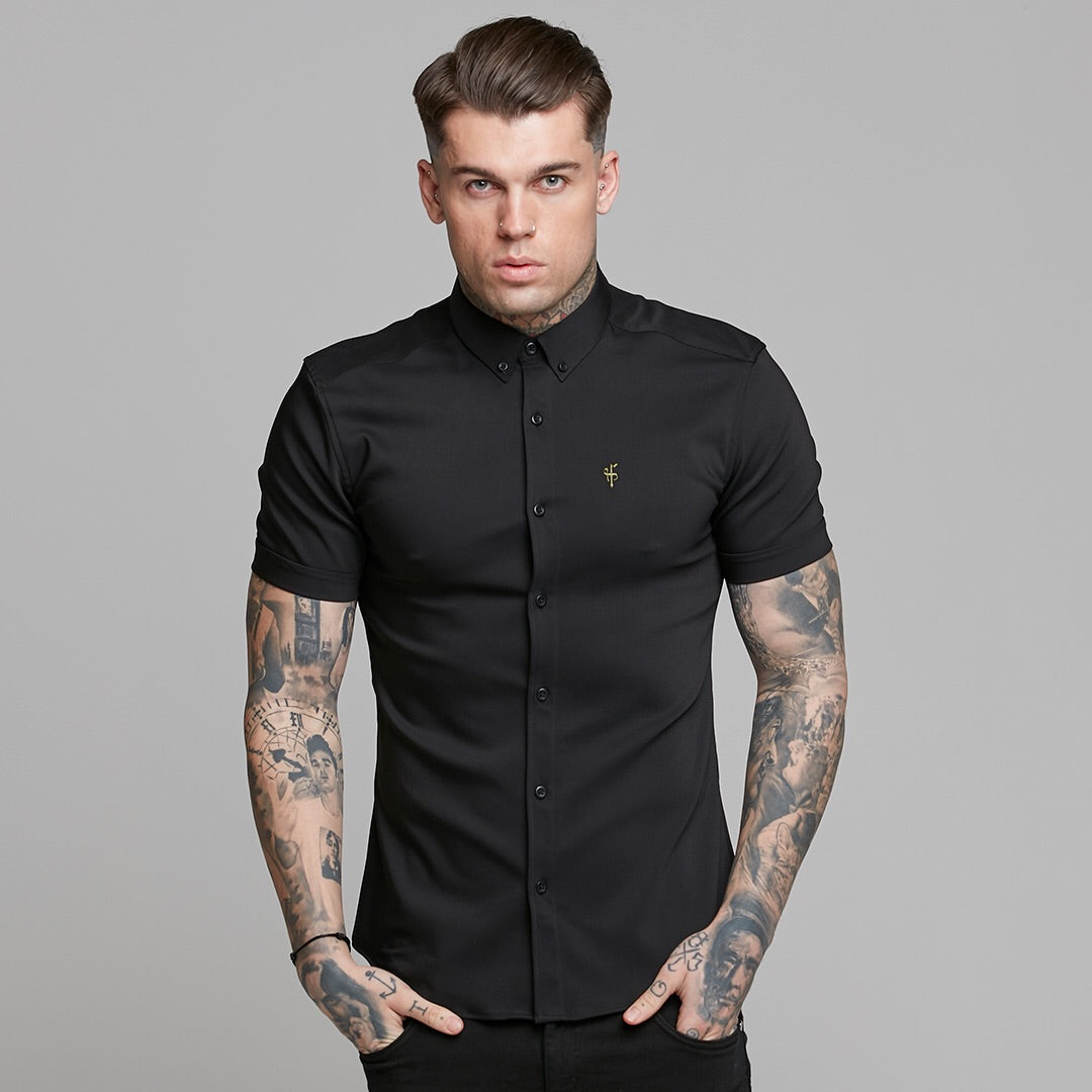 Super Slim Ultra Stretch Classic Black Short Sleeve (Khaki Embroidery) - FS481