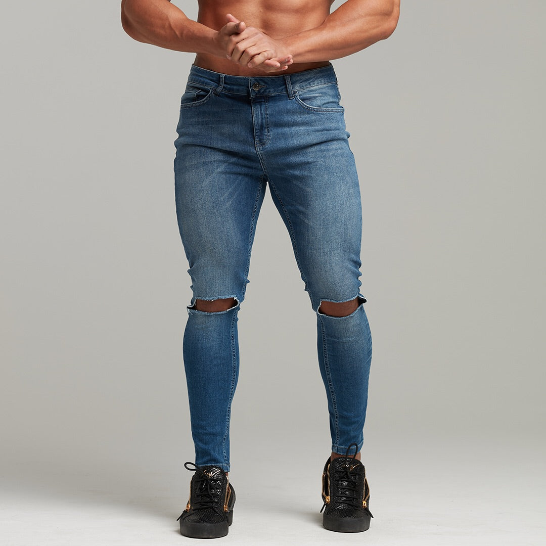 Slim Stretch Denim Blue Distressed Ripped Jeans - FSH403
