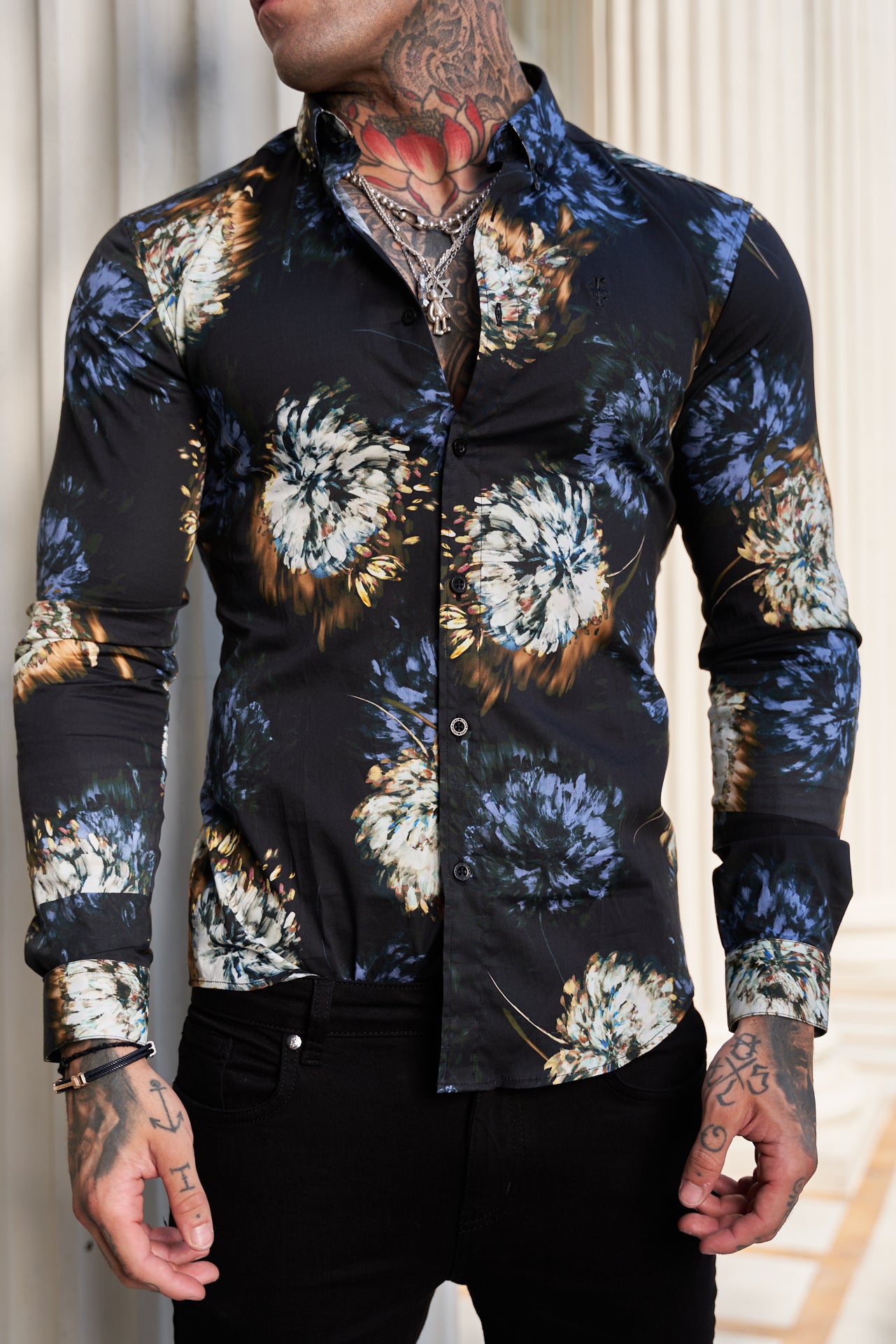 Super Slim Stretch Black Base Blurred Flower Print Long Sleeve with Button Down Collar - FS800