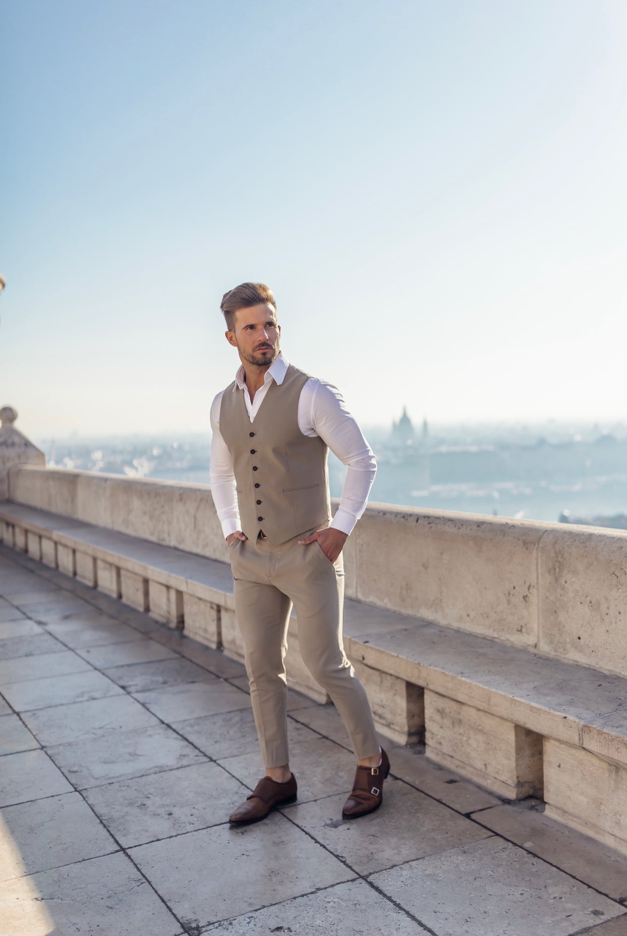 Slim Formal Beige Stretch Trousers - FST003