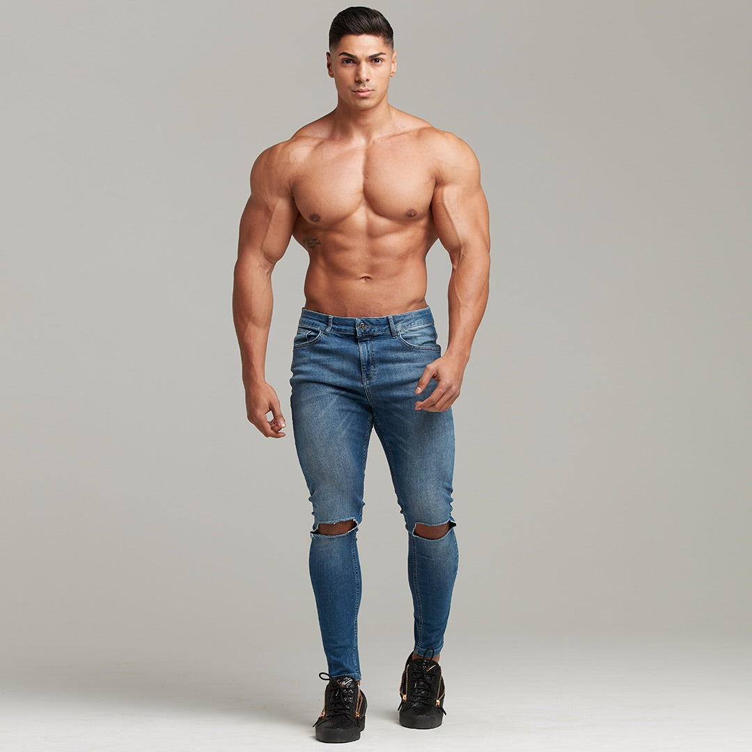 Slim Stretch Denim Blue Distressed Ripped Jeans - FSH403