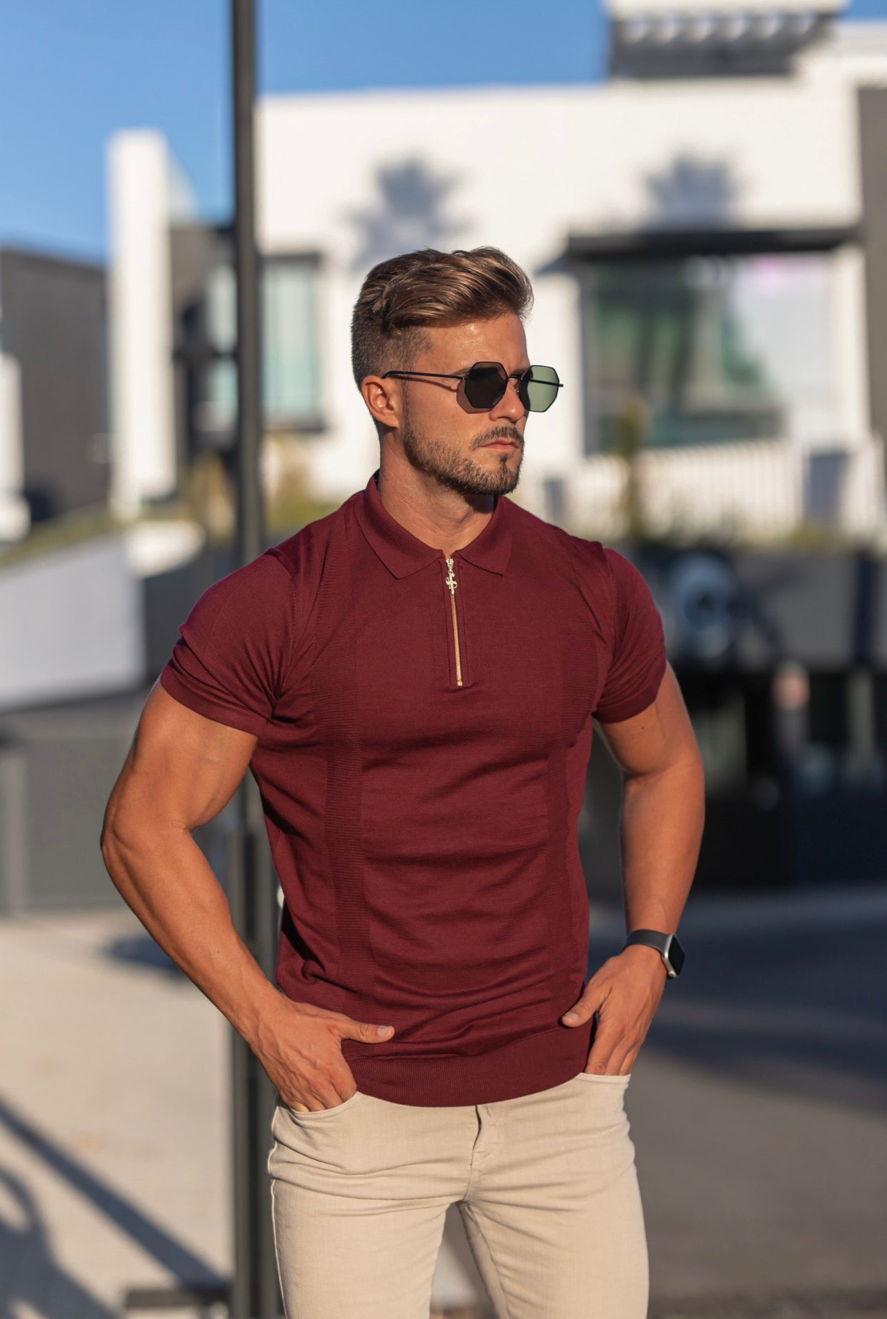 Classic Fig Burgundy and Gold Zip Knitted Short Sleeve Polo - FSH466