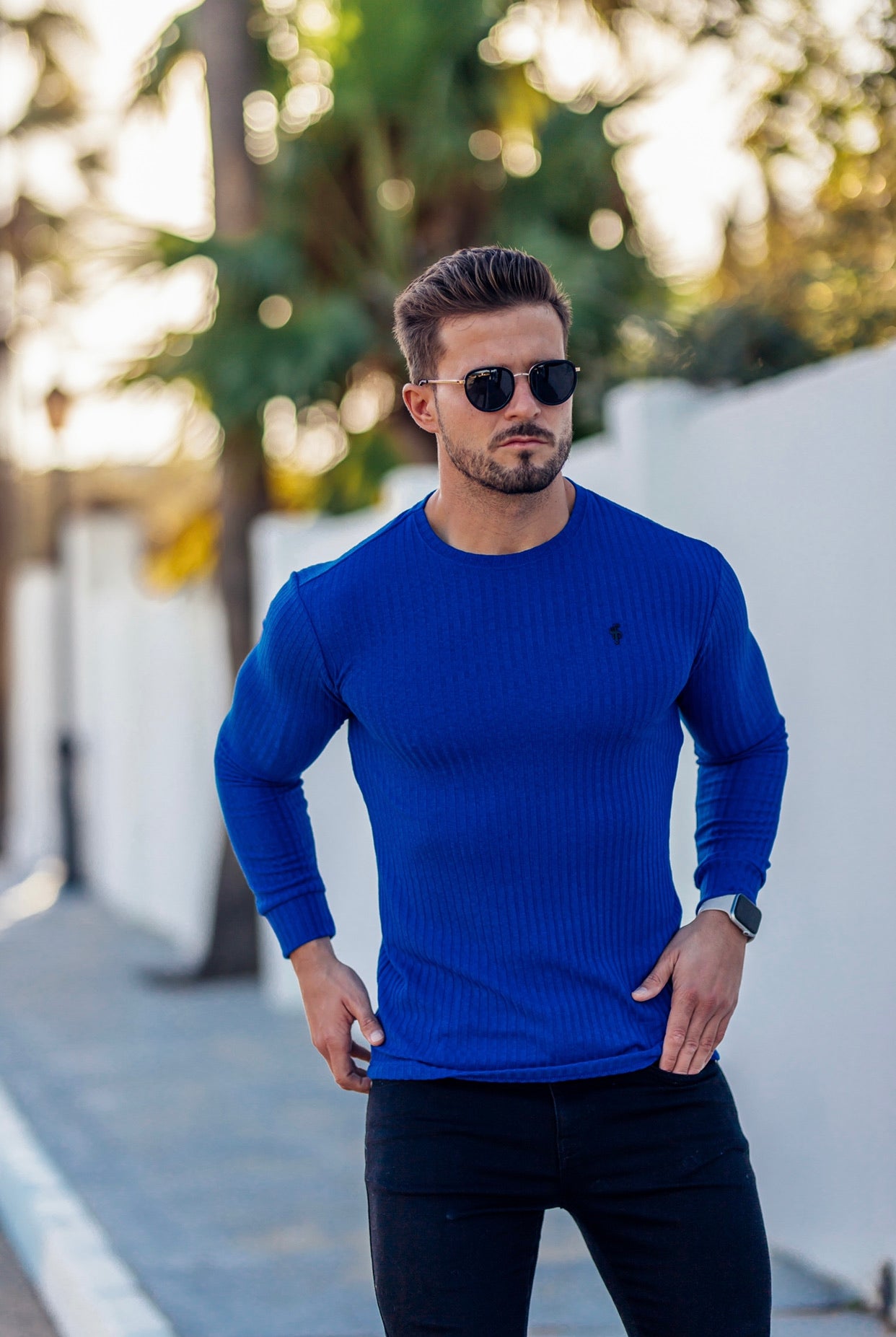 Classic Royal Blue Ribbed Knit Jumper With Black Metal Emblem - FSH596