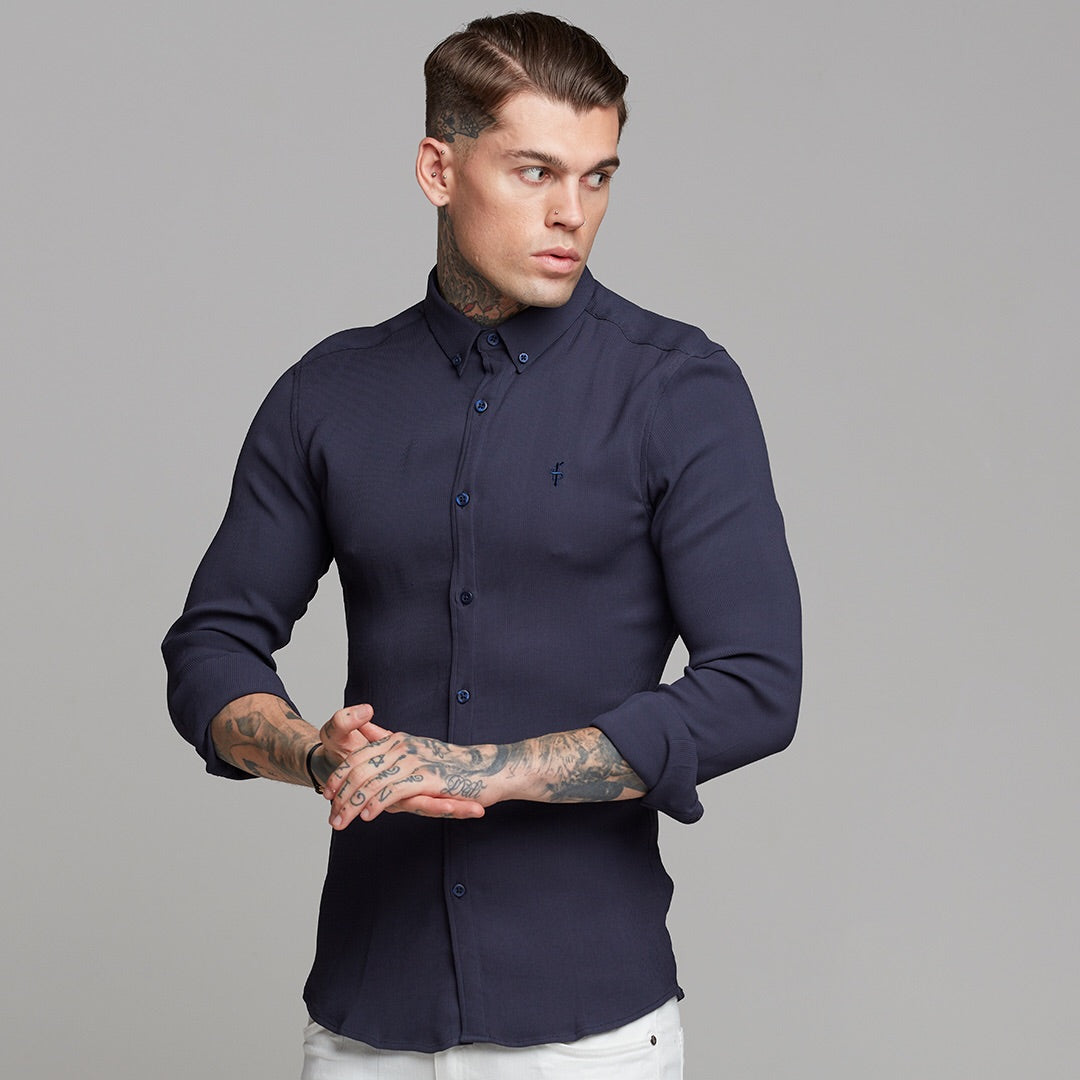Super Slim Stretch Ribbed Navy Long Sleeve - FS443