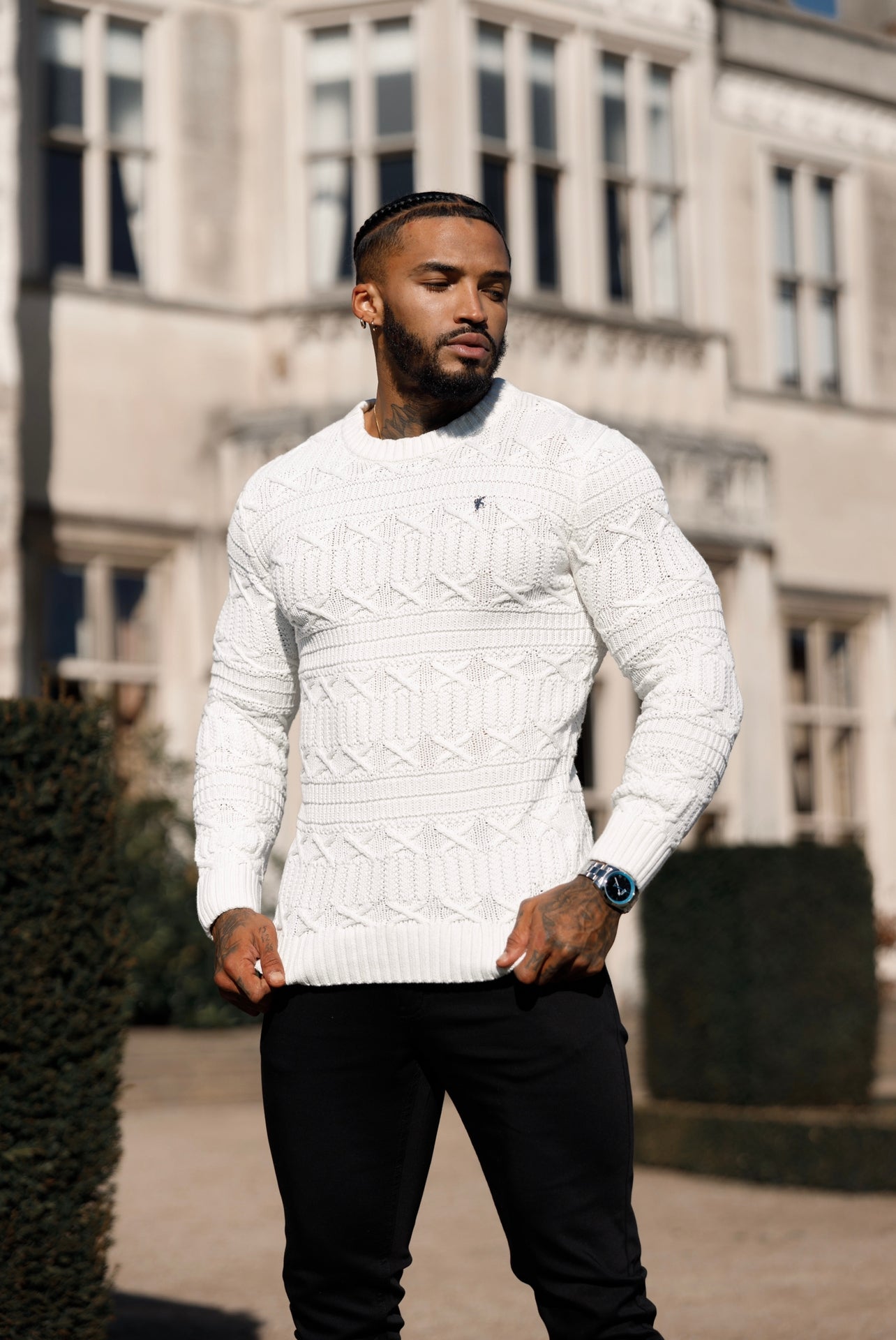 Off White Knitted Cable Link Crew Super Slim Jumper With Metal Decal - FSN070