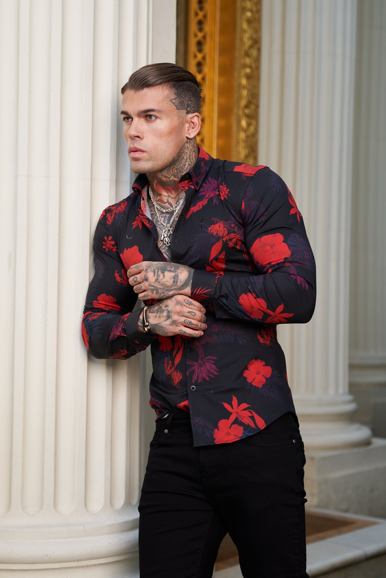 Super Slim Stretch Black and Red Floral Print Long Sleeve with Button Down Collar - FS770
