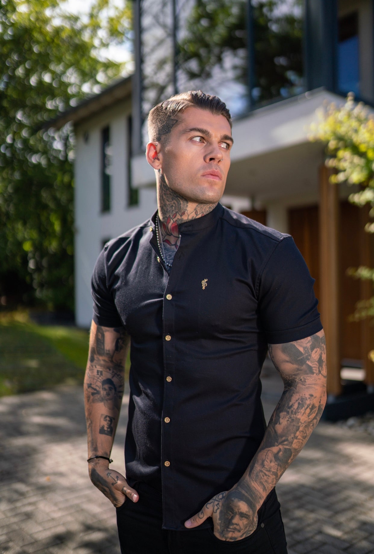 Super Slim Stretch Black Denim Short Sleeve Grandad collar with Metal Buttons and Decal Emblem - FS708