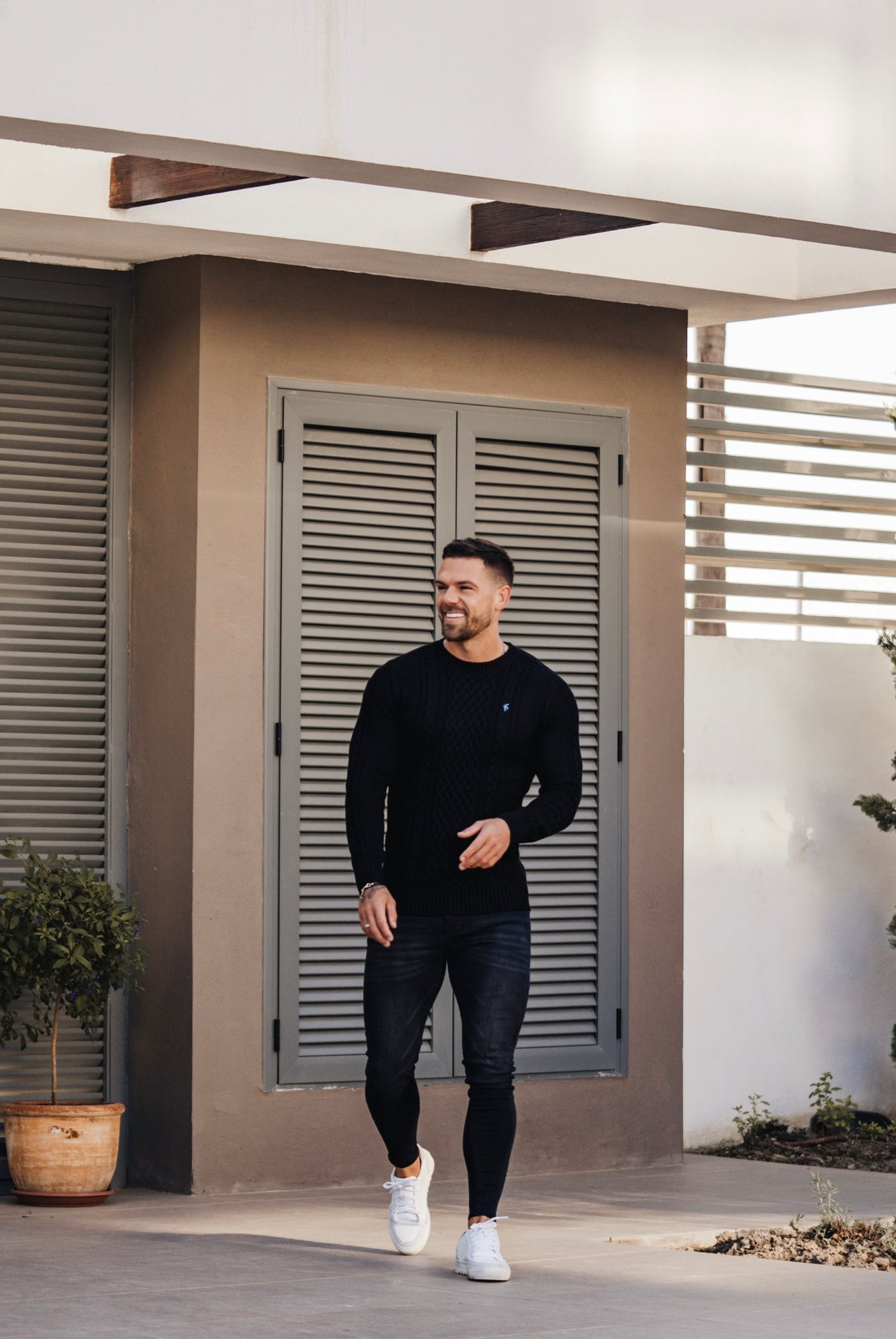 Black Knitted Cable Saddle Crew Super Slim Jumper With Metal Decal - FSN073