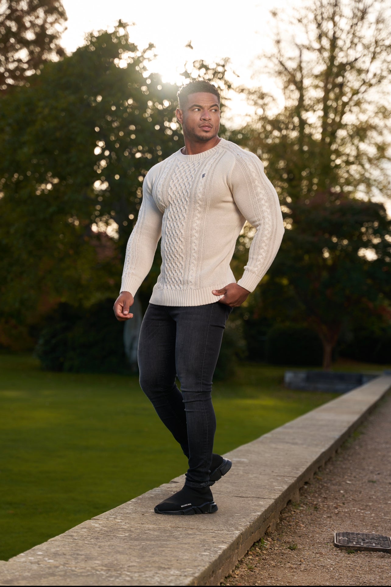 Oatmeal Knitted Cable Saddle Crew Super Slim Jumper With Metal Decal - FSN076