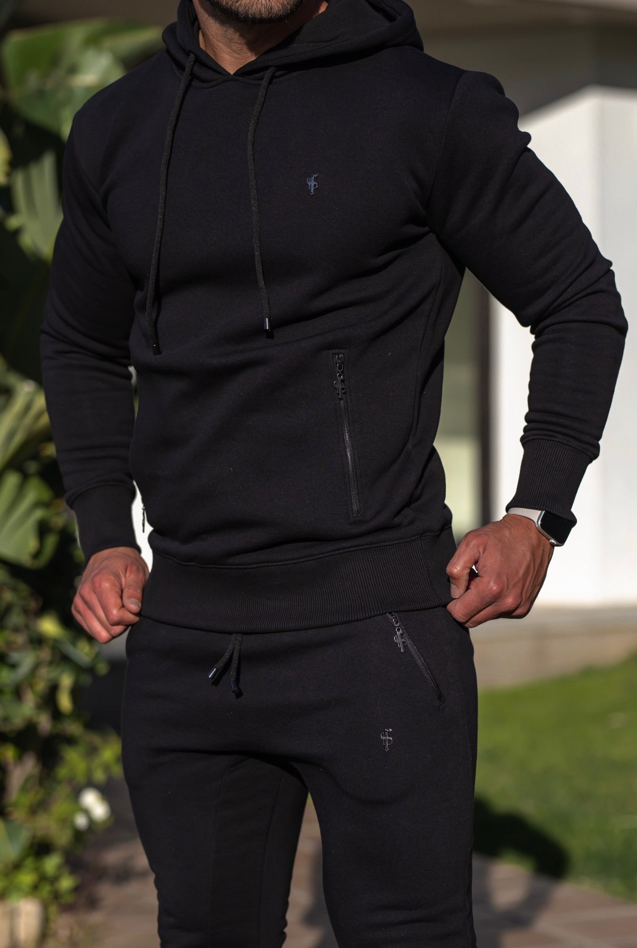 Black / Black Overhead Hoodie Top with Zipped Pockets - FSH629