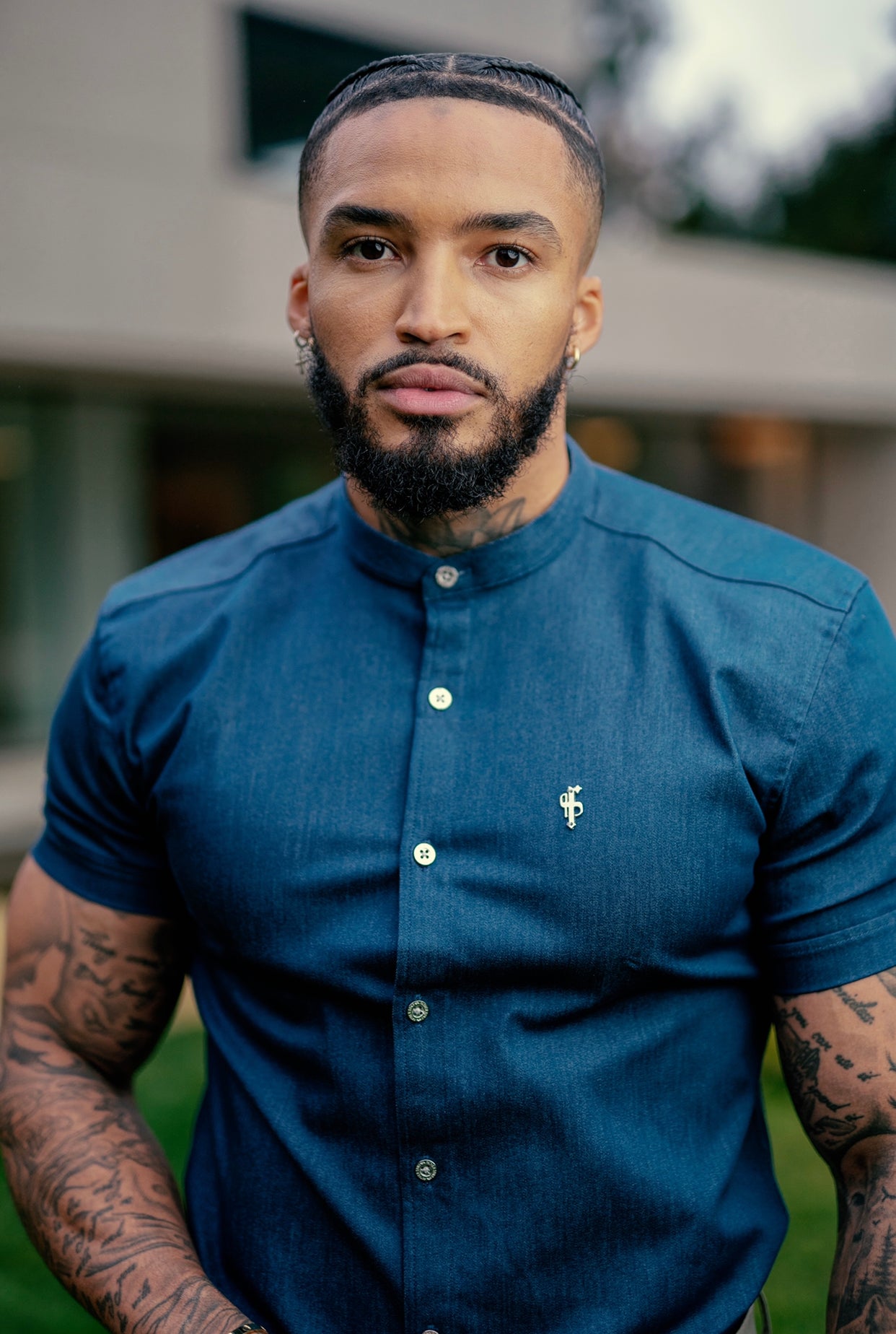 Super Slim Stretch Aegean Blue Denim Short Sleeve Grandad Collar with Metal Buttons and Decal Emblem - FS776