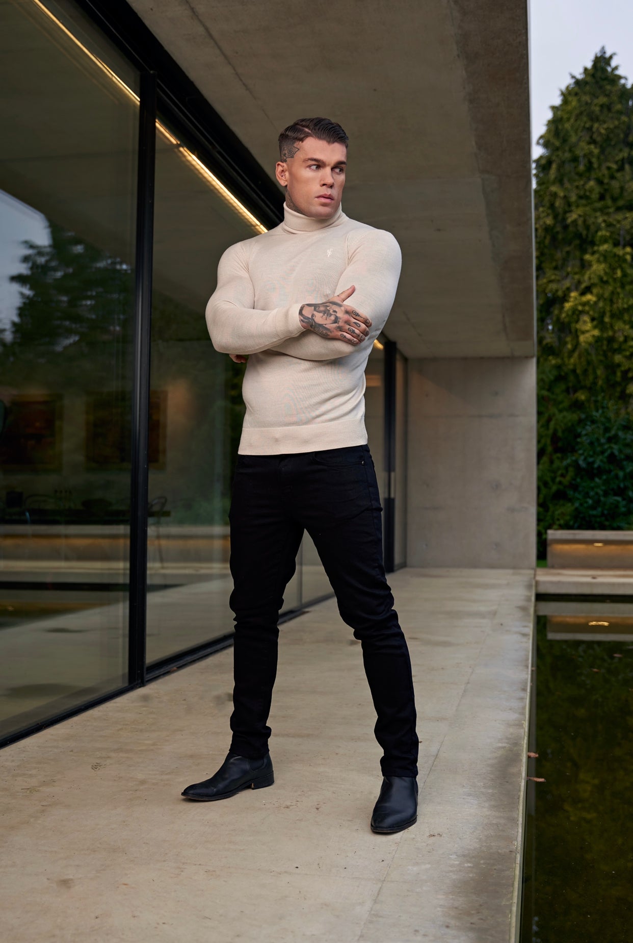 Classic Beige Roll Neck Merino Wool Knitted Jumper With FS Embroidery - FSN012