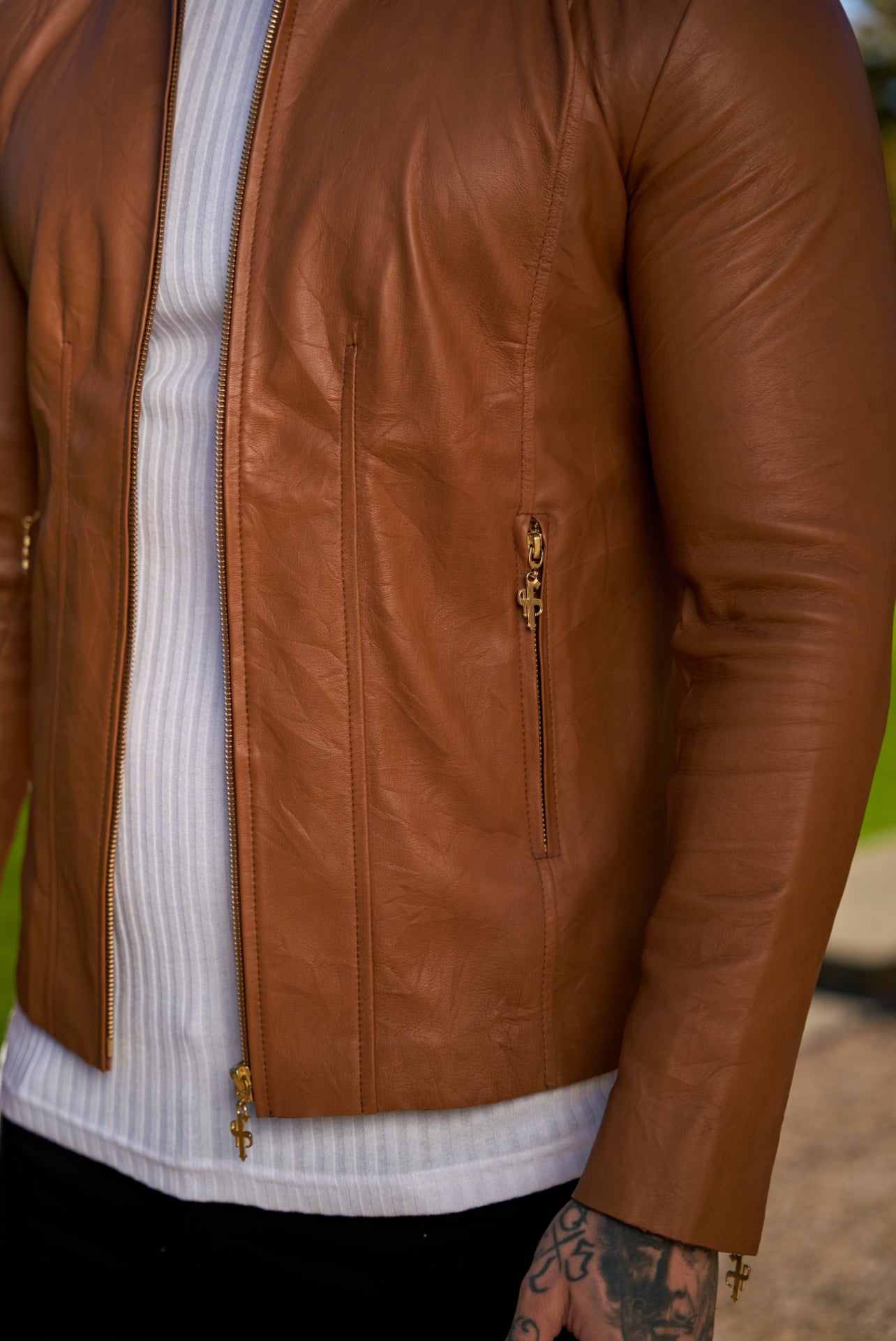 Tan Lambs Leather Jacket with Gold Zips - FSH793