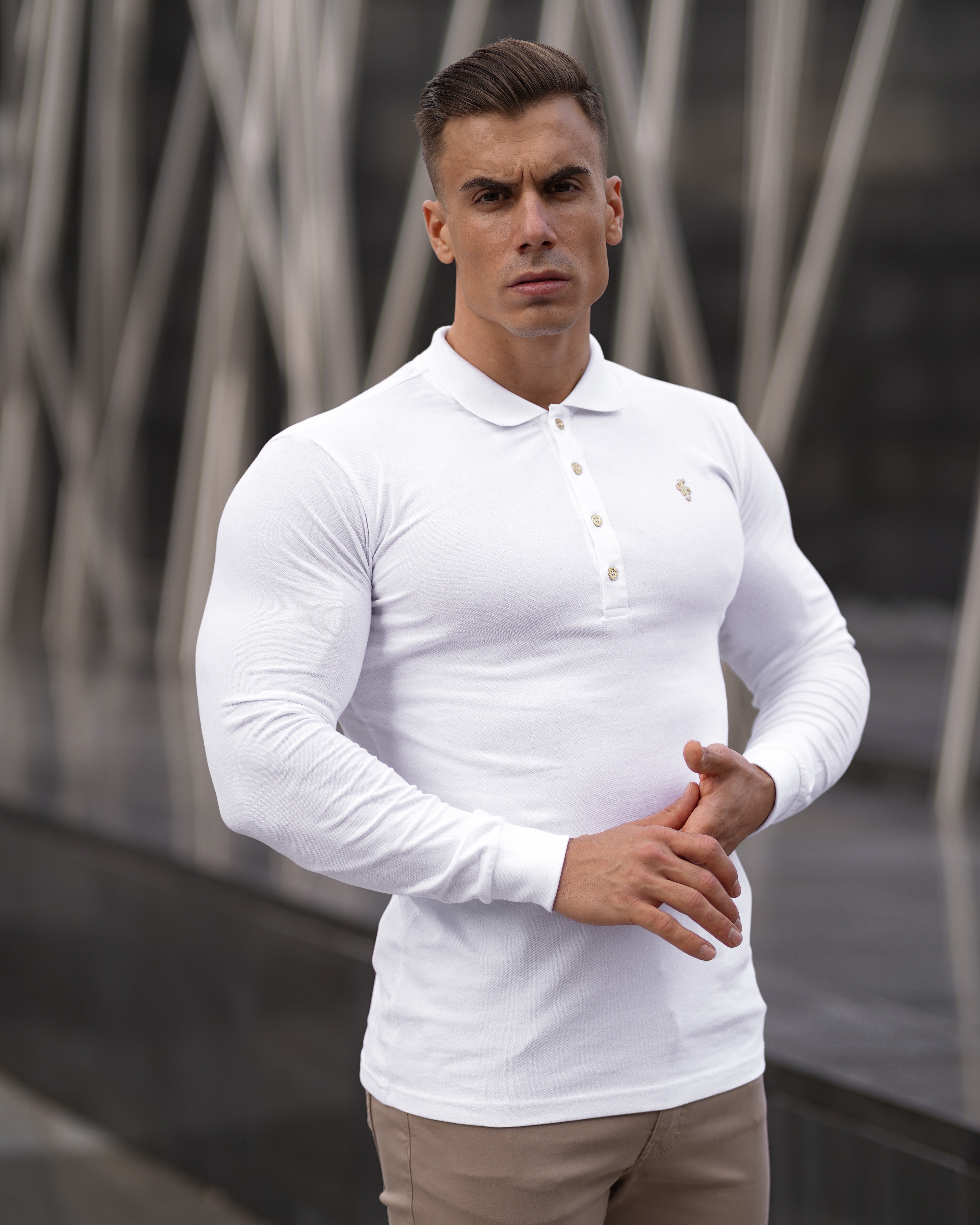 Classic White Long Sleeve Polo Shirt with Gold Metal Emblem Decal & Buttons - FSH515
