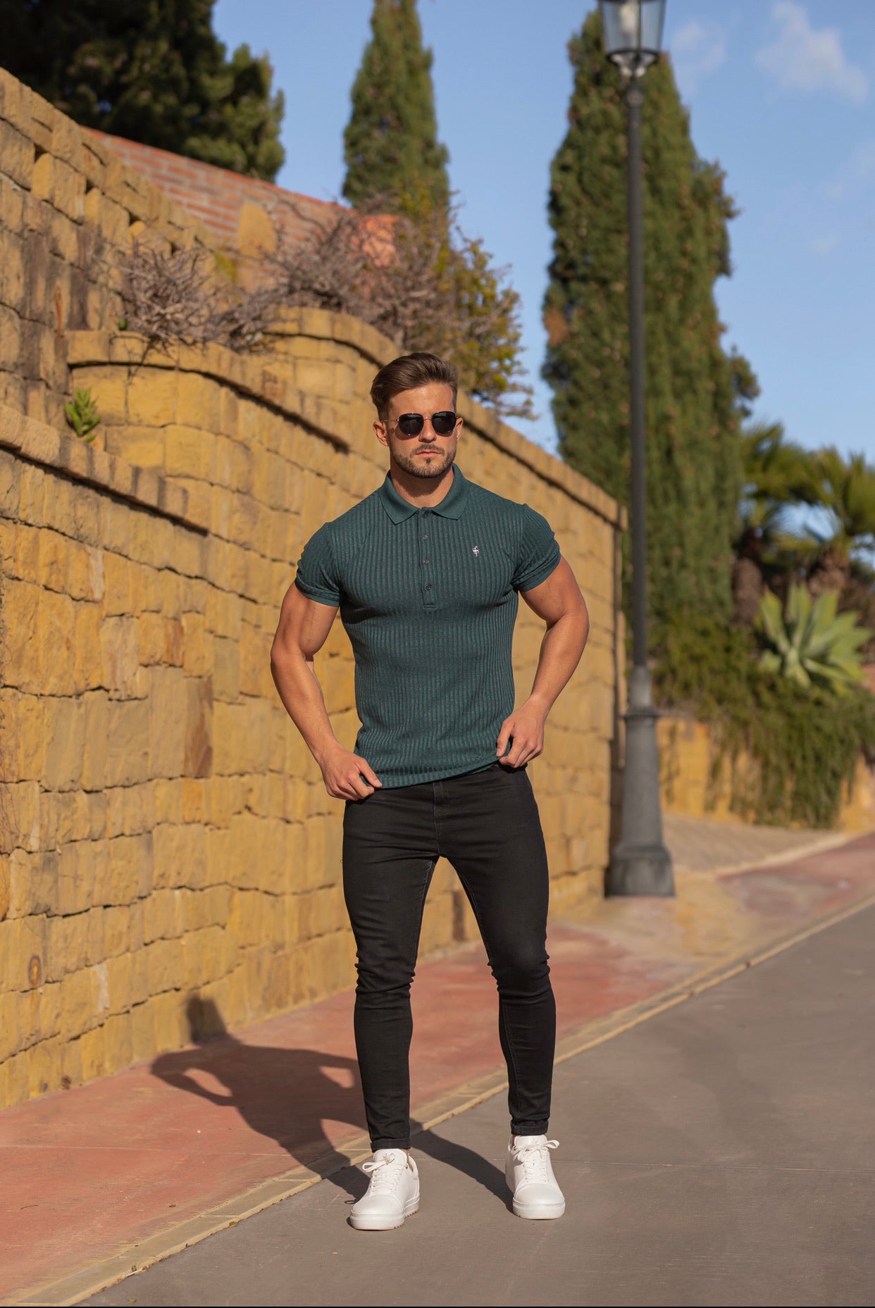 Classic Forest Green Ribbed Polo Shirt Short Sleeve with Black Metal Emblem Decal & Buttons- FSH584