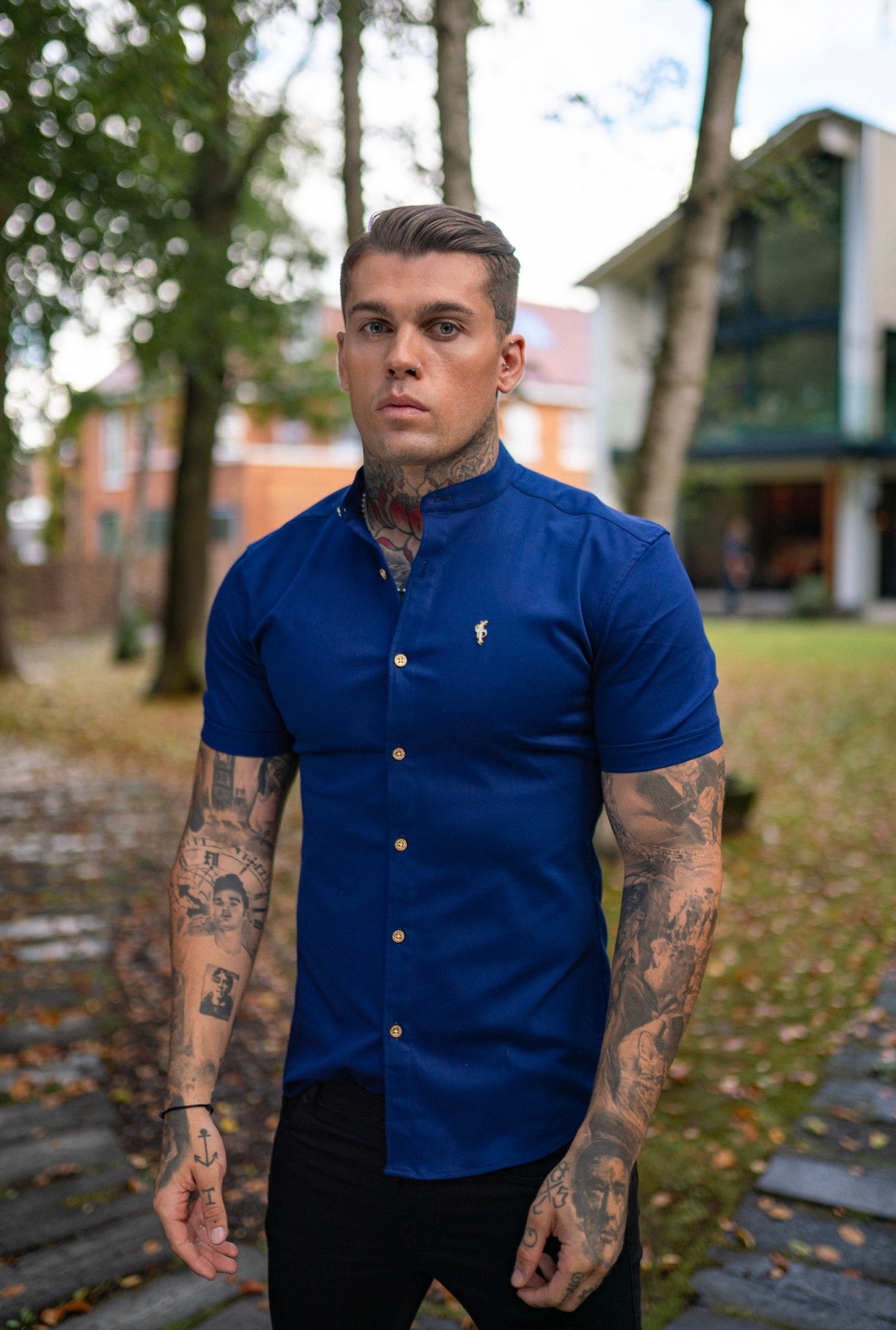 Super Slim Stretch Navy Denim Short Sleeve Grandad collar with Metal Buttons and Decal Emblem - FS714