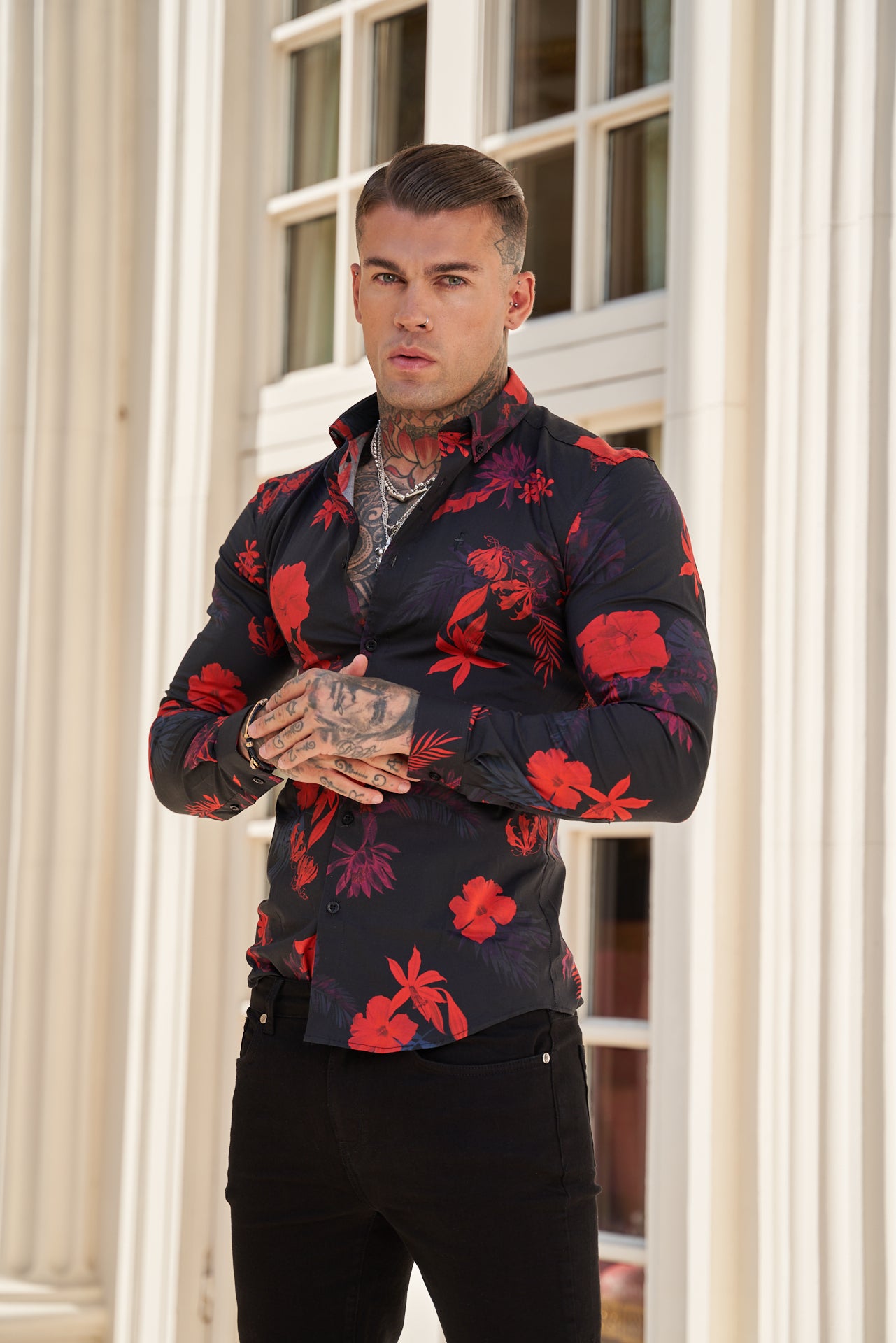 Super Slim Stretch Black and Red Floral Print Long Sleeve with Button Down Collar - FS770