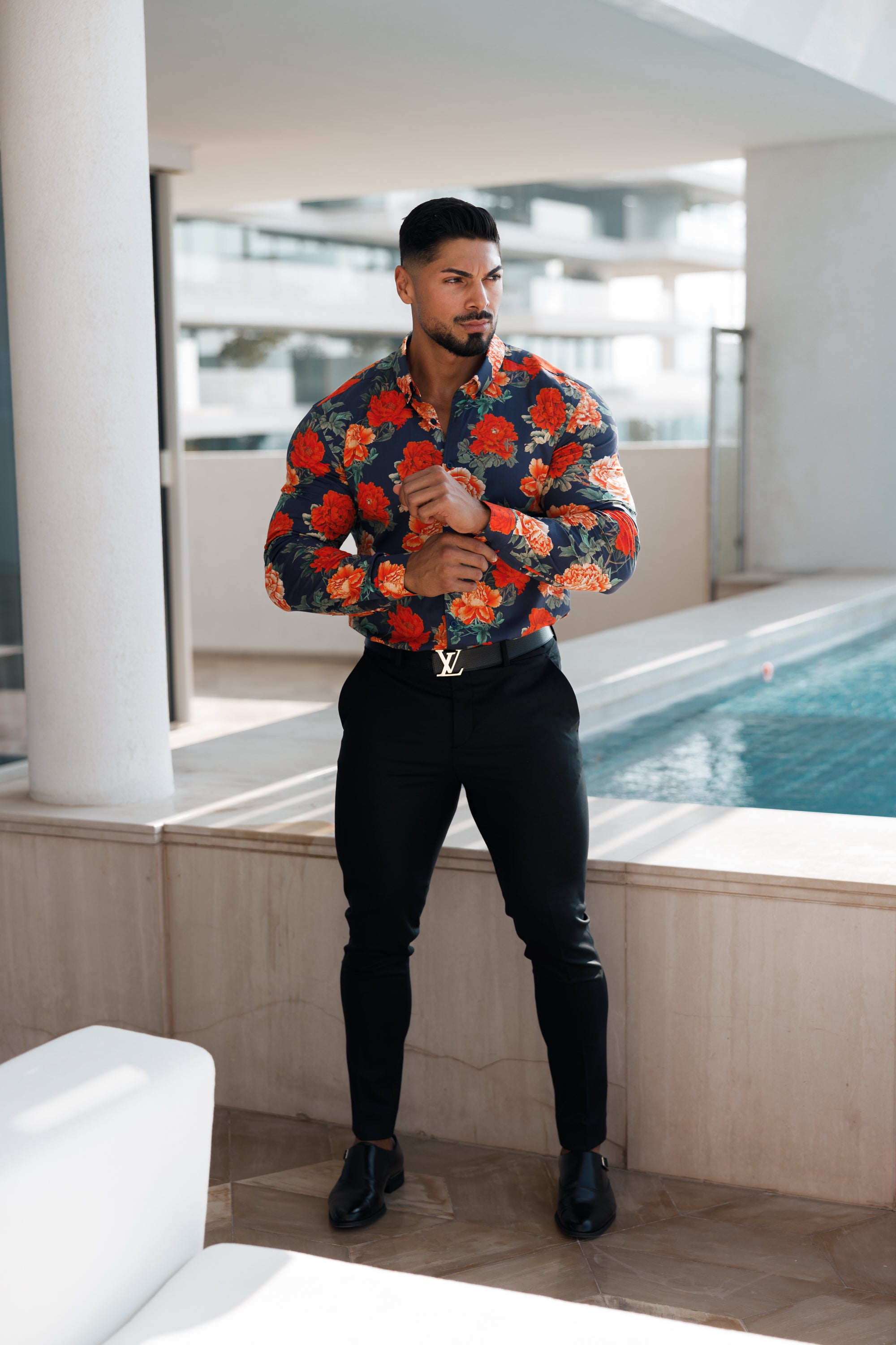 Super Slim Stretch Navy and Red Floral Print Long Sleeve with Button Down Collar - FS840
