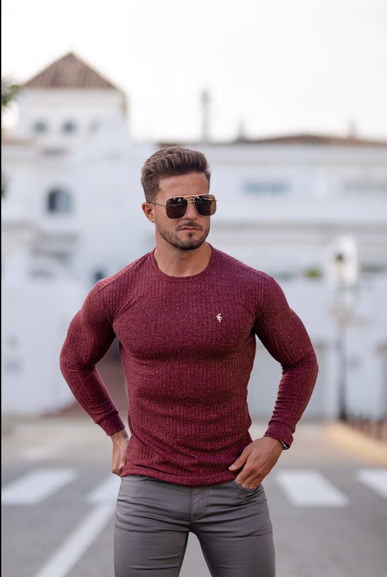 Classic Claret Ribbed Knit Jumper With Gold Metal Emblem - FSH538