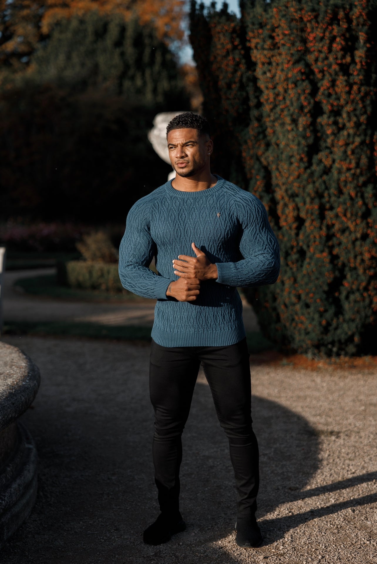 Air Force Blue Knitted Elongated Diamond Crew Super Slim Raglan Jumper With Metal Decal - FSN046