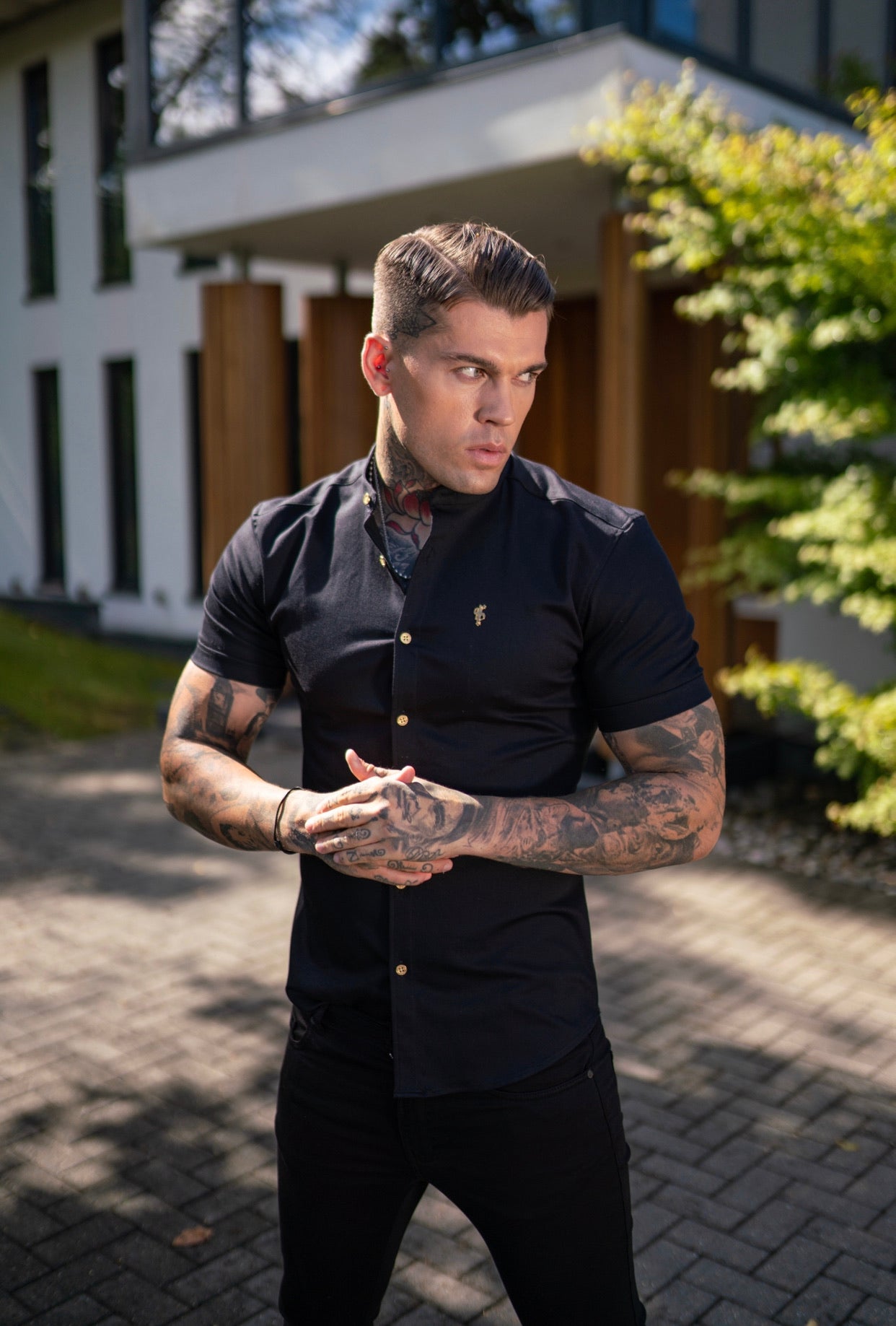 Super Slim Stretch Black Denim Short Sleeve Grandad collar with Metal Buttons and Decal Emblem - FS708