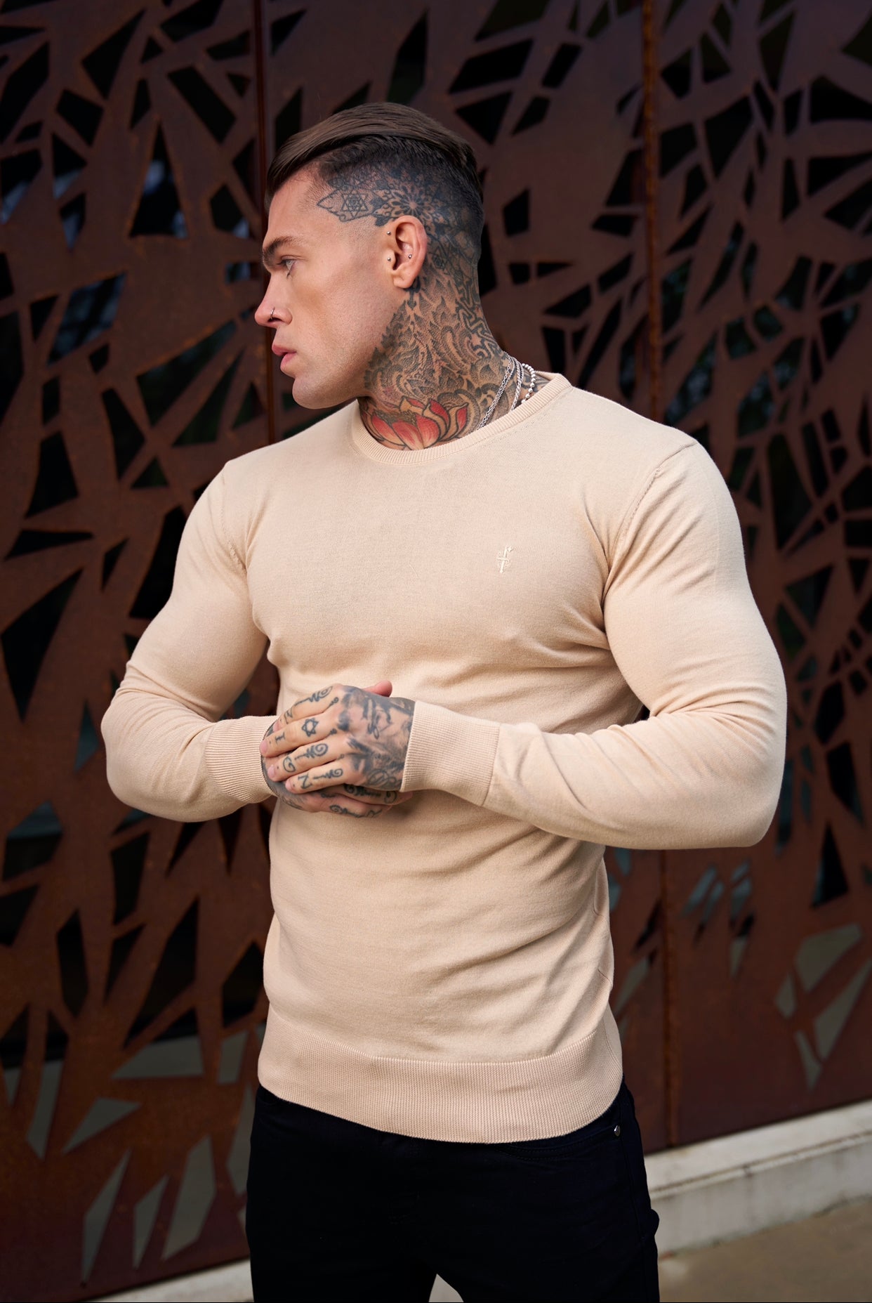 Classic Beige Crew Neck Knitted Jumper with Tonal Emblem - FSH672