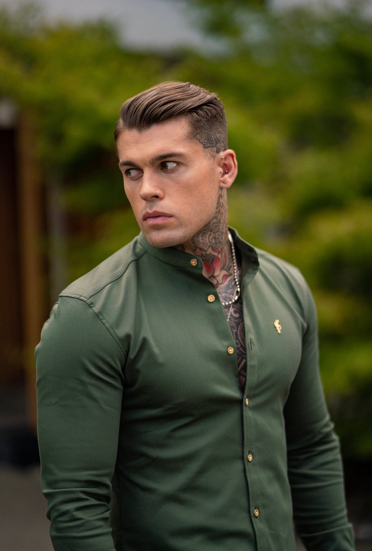 Super Slim Stretch Khaki Denim Long Sleeve Grandad collar with Metal Buttons and Decal Emblem - FS715