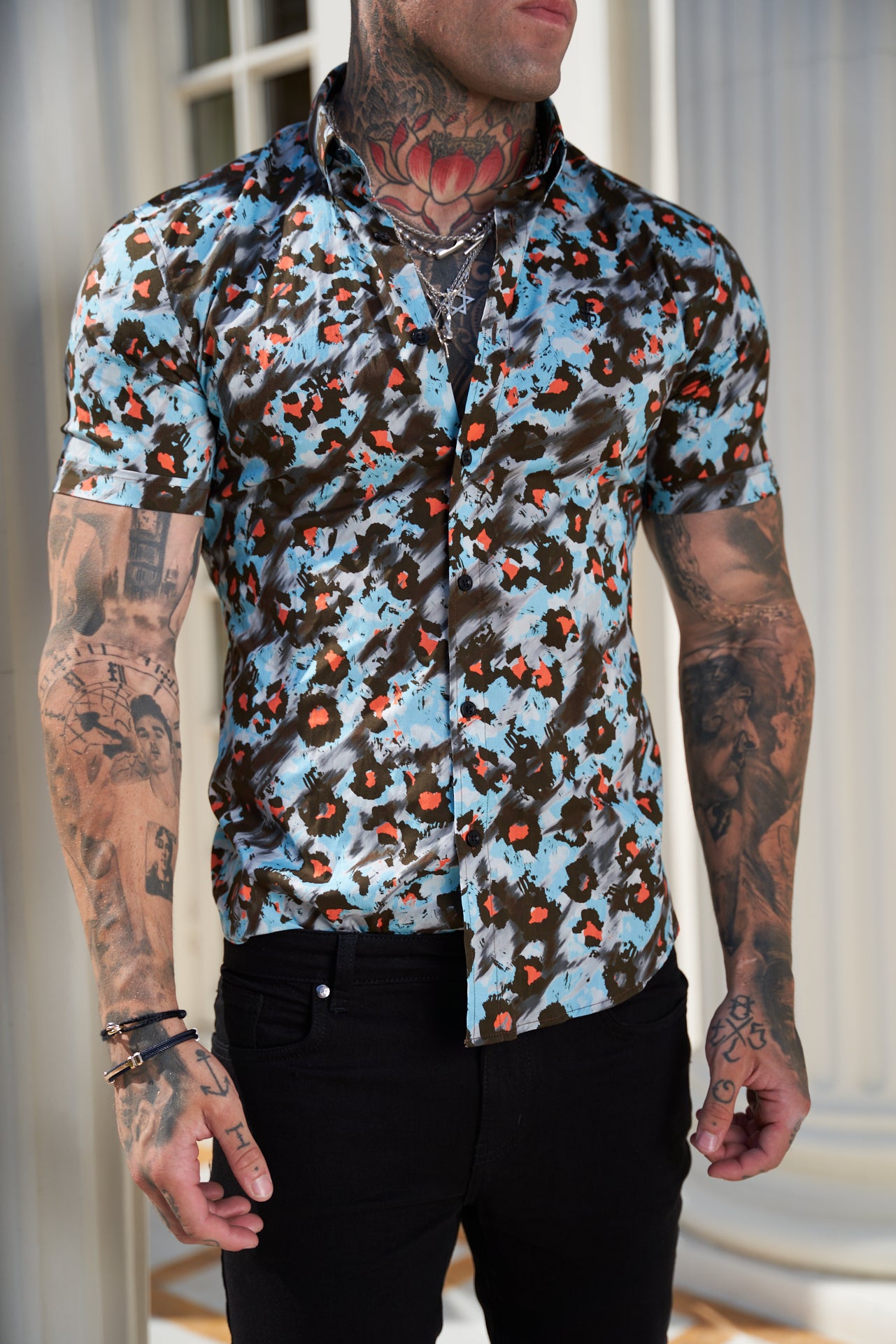 Super Slim Stretch Multi Colour Abstract Leopard Print Short Sleeve with Button Down Collar - FS790