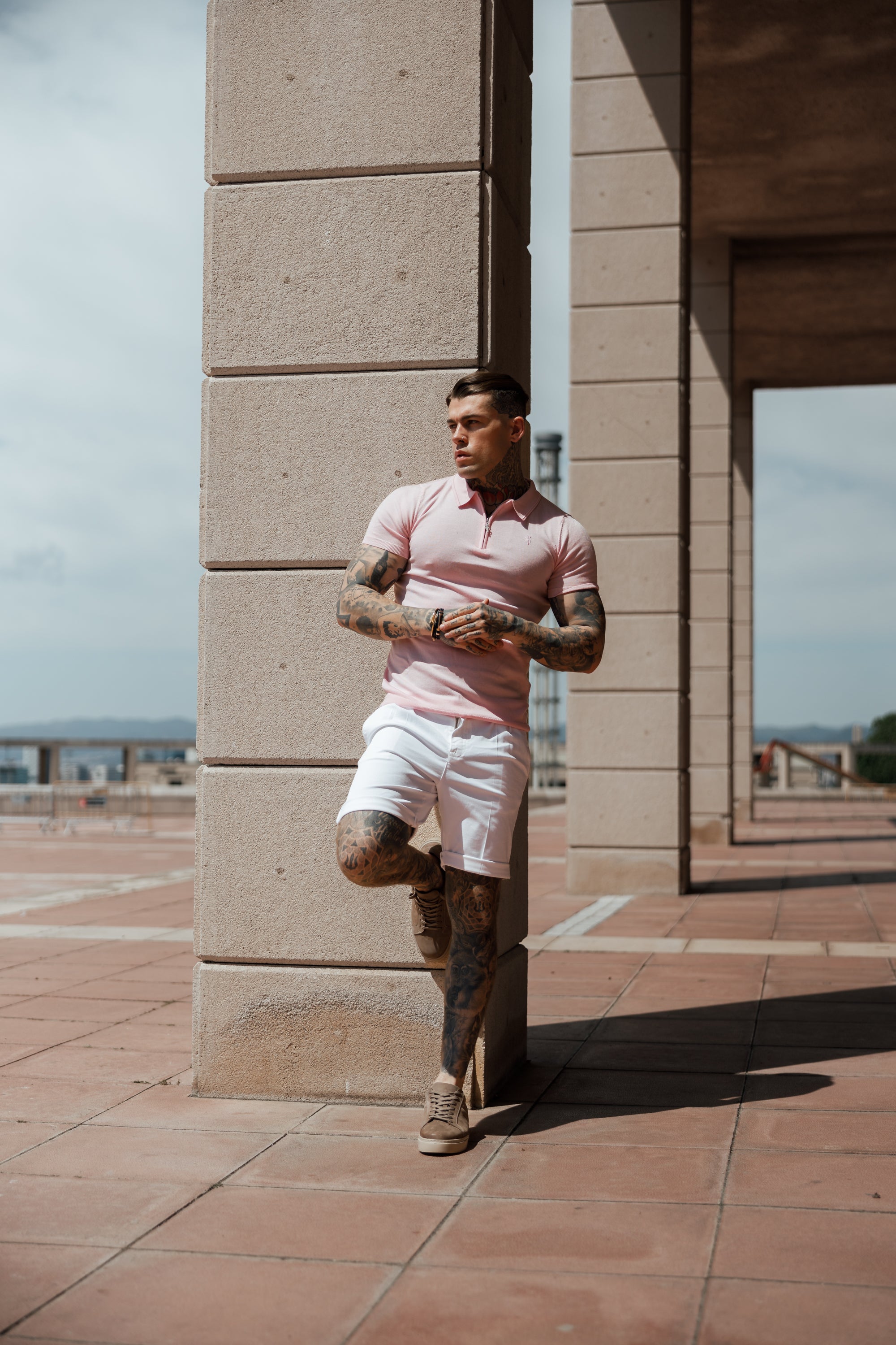Classic Pale Pink Merino Wool Knitted Zip Polo Short Sleeve Jumper With FS Embroidery- FSN029