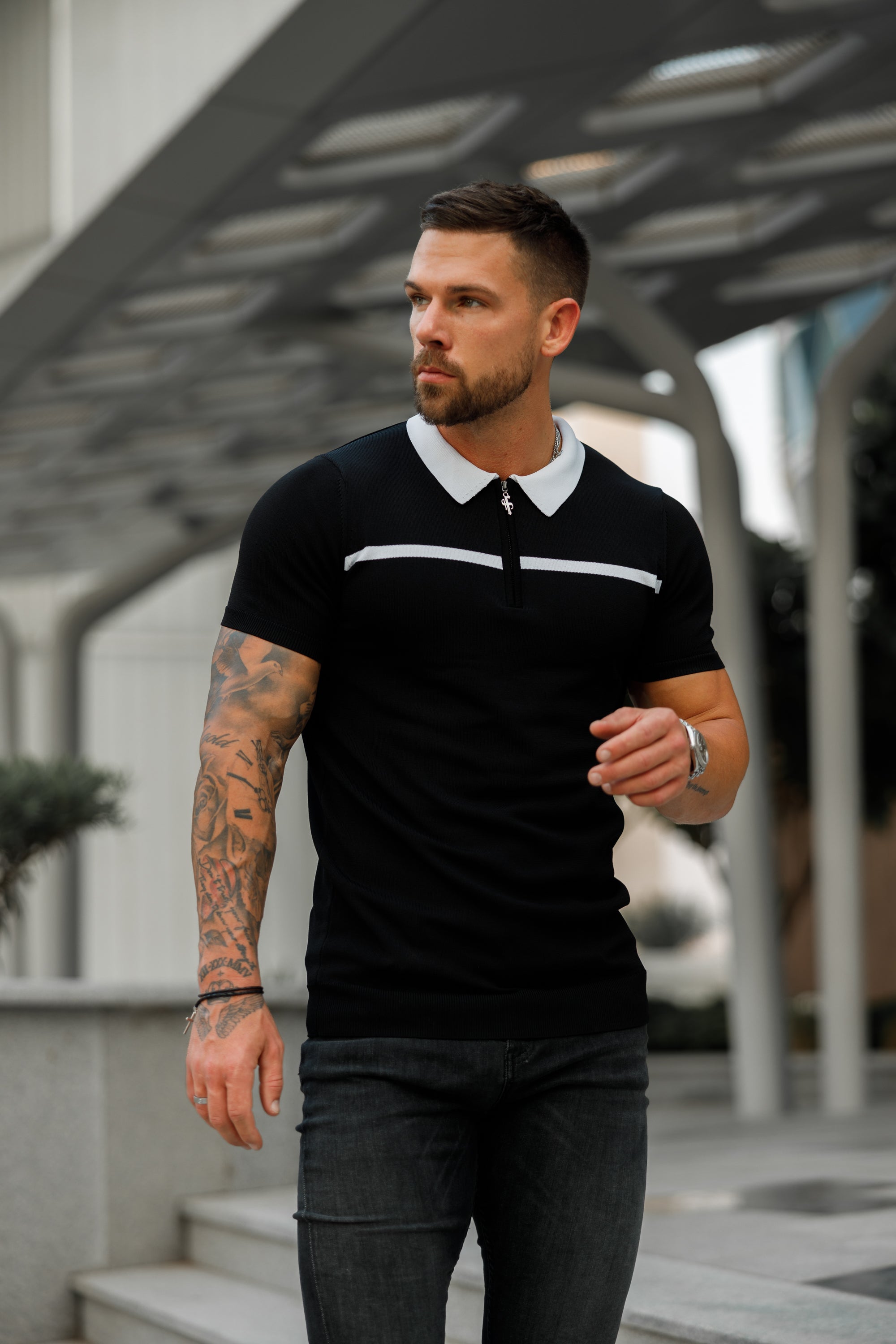 Classic Black / White Horizontal Stripe Zipped Polo Short Sleeve - FSN038