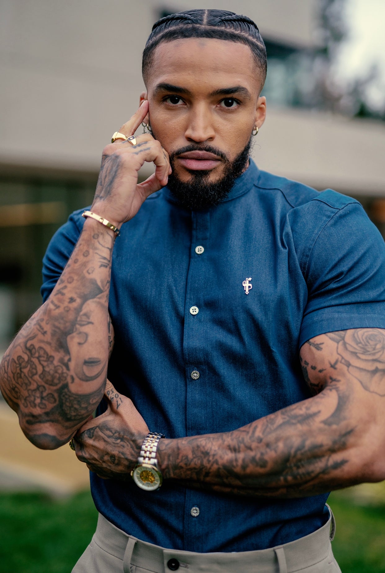 Super Slim Stretch Aegean Blue Denim Short Sleeve Grandad Collar with Metal Buttons and Decal Emblem - FS776