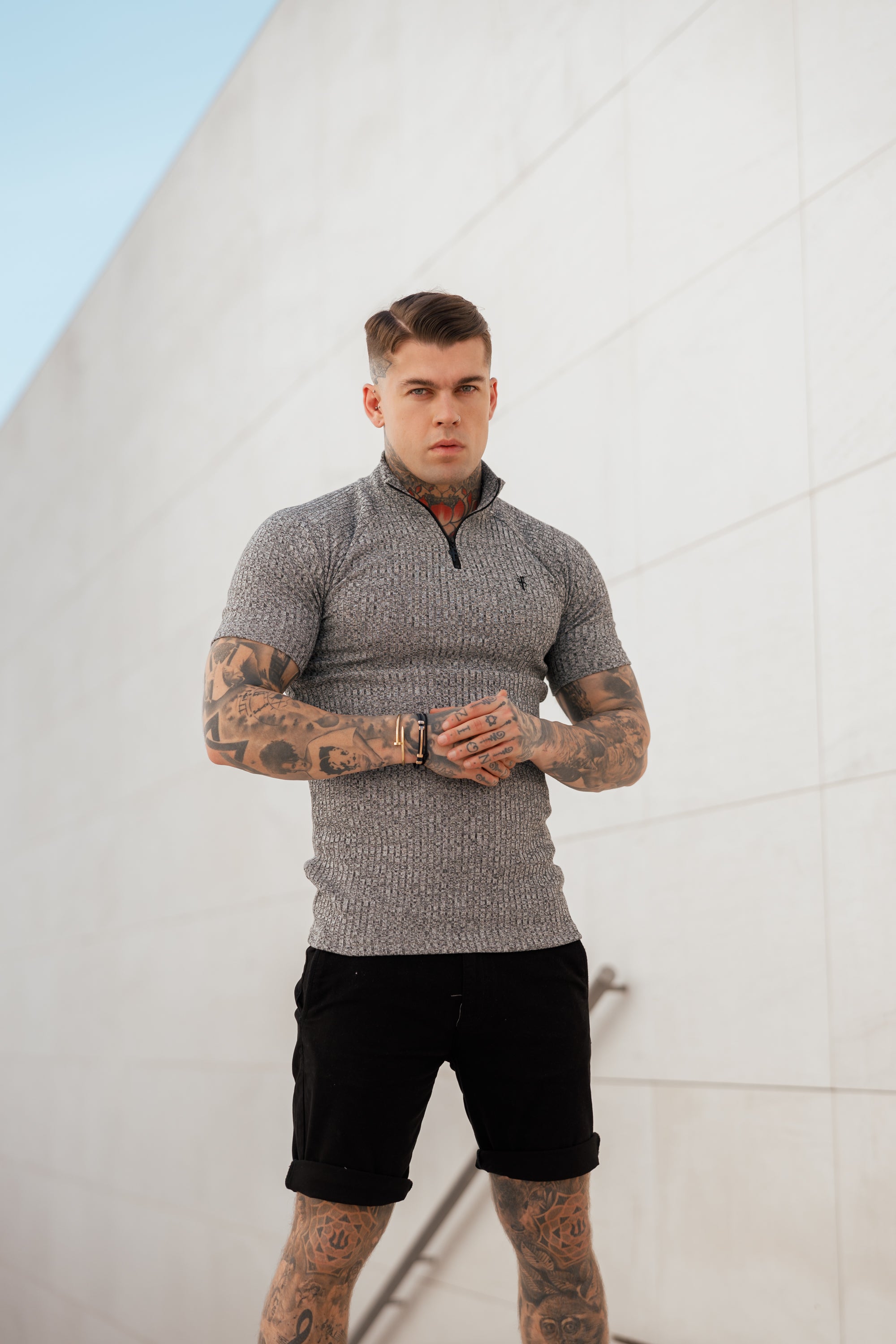 Classic Grey Ribbed Zip Funnel Neck Raglan Short Sleeve Crew - FSH730