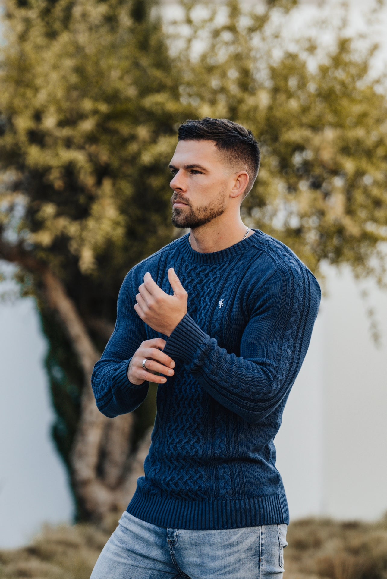 Air Force Blue Knitted Cable Saddle Crew Super Slim Jumper With Metal Decal - FSN080